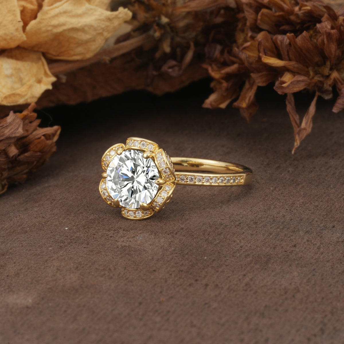 Nature-Inspired, Luxurious Floral Design, 6-Prong Round Cut Lab Diamond Engagement Ring - Additional view