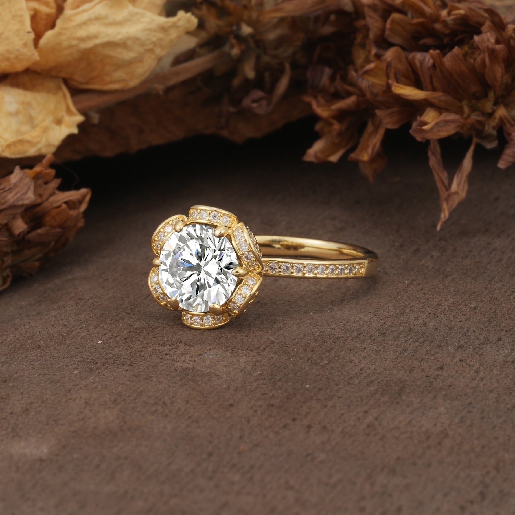 Nature-Inspired, Luxurious Floral Design, 6-Prong Round Cut Lab Diamond Engagement Ring - Additional view