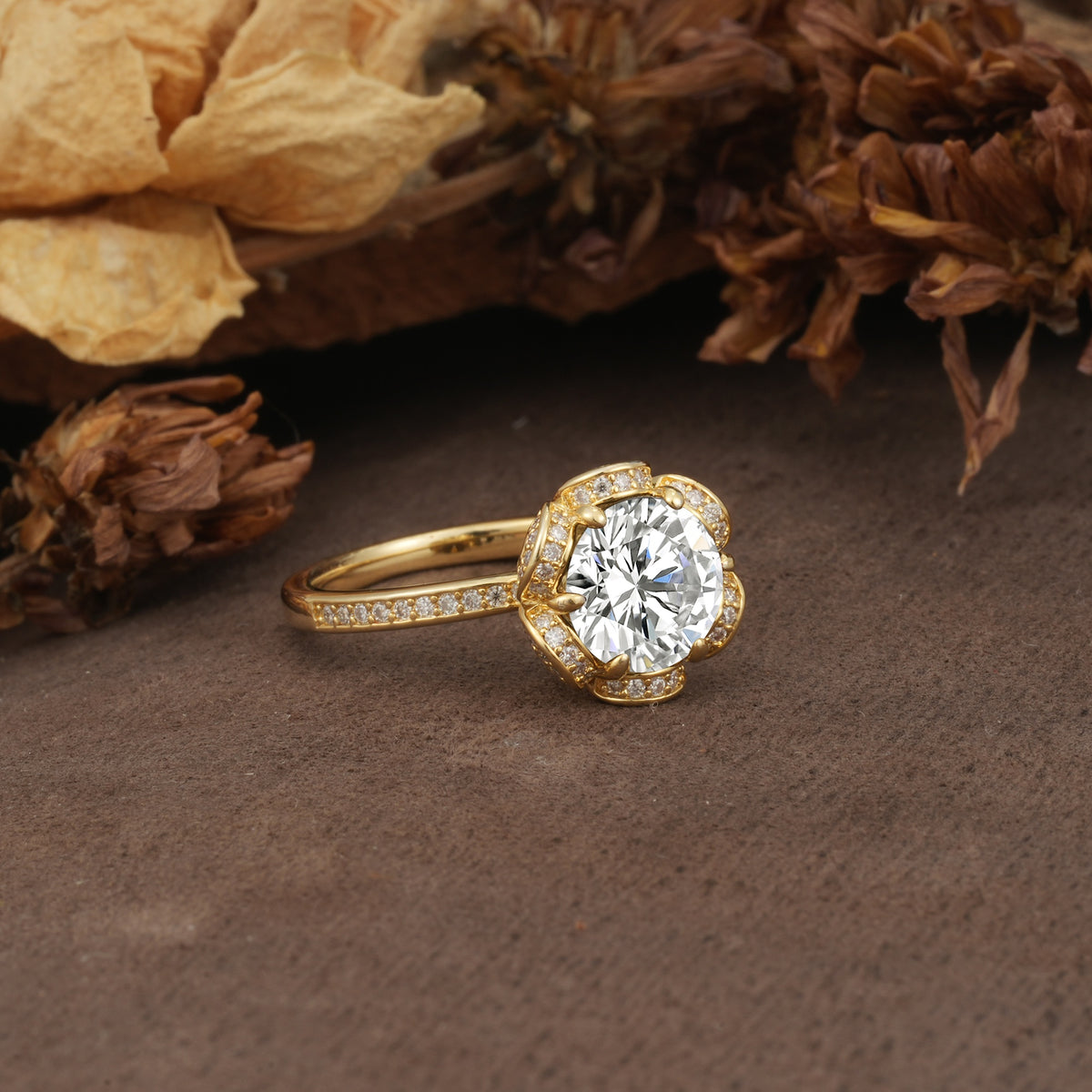 Nature-Inspired, Luxurious Floral Design, 6-Prong Round Cut Lab Diamond Engagement Ring - Additional view