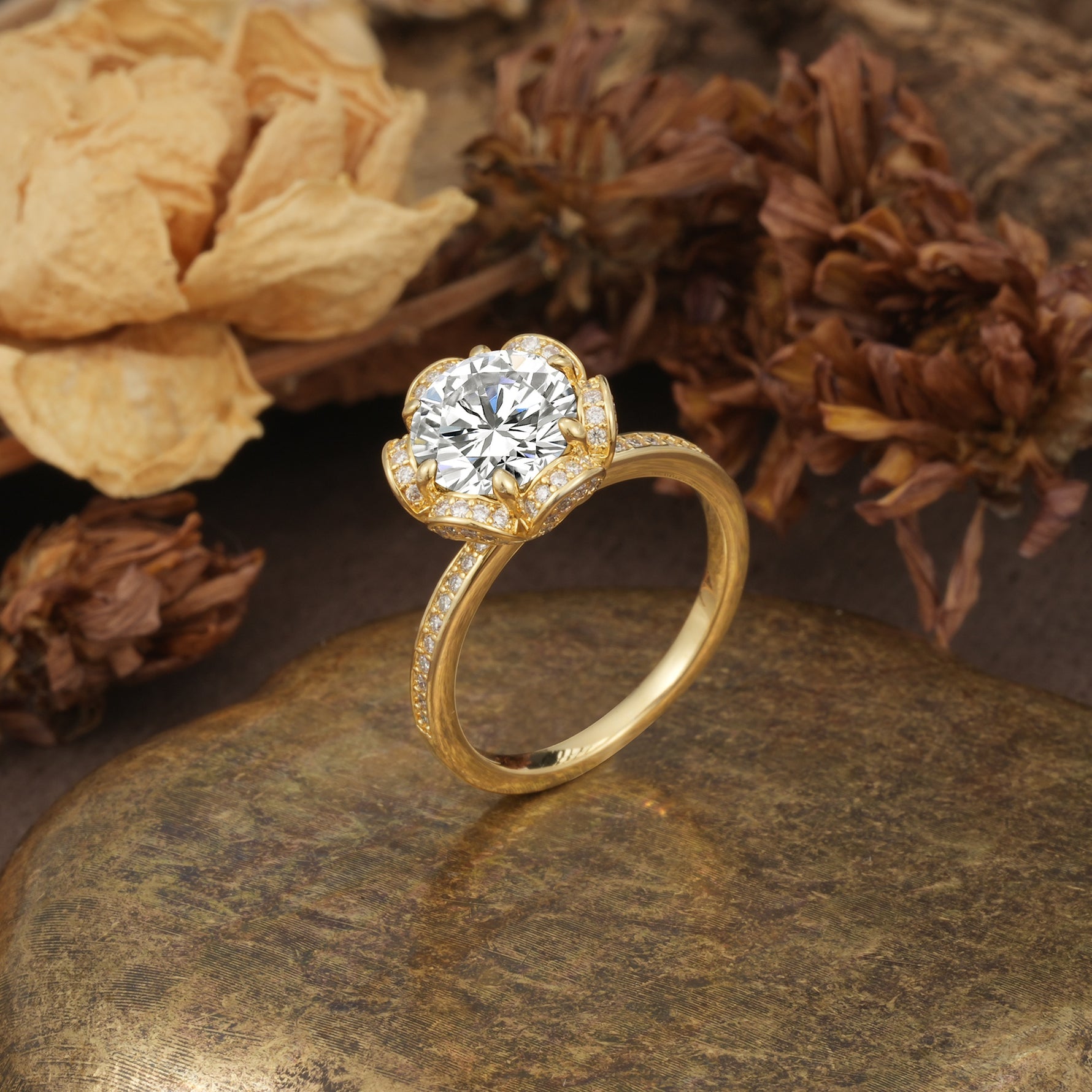 Nature-Inspired, Luxurious Floral Design, 6-Prong Round Cut Lab Diamond Engagement Ring - Additional view