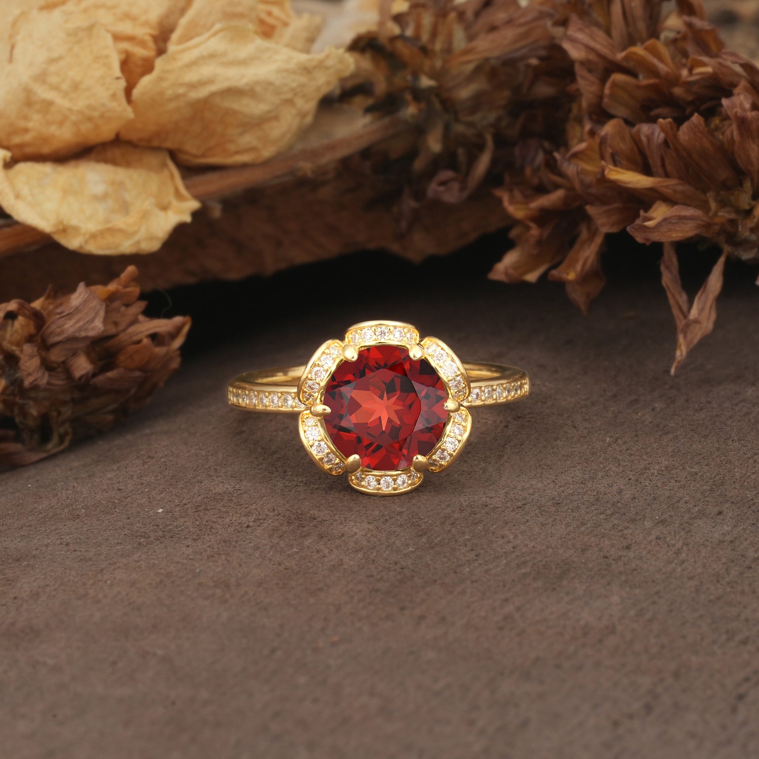 Nature-Inspired, Luxurious Floral Design, 6-Prong Round Cut Garnet Engagement Ring - Additional view