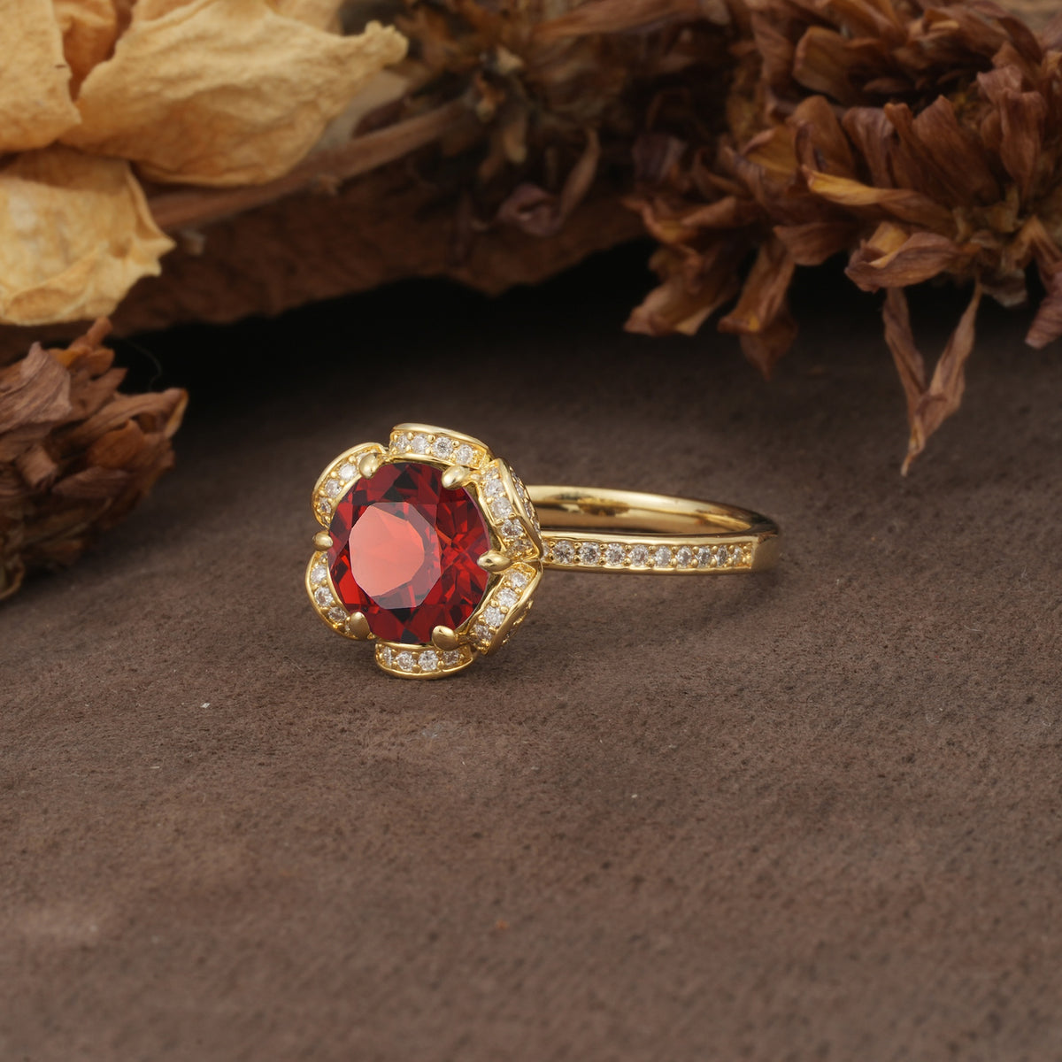 Nature-Inspired, Luxurious Floral Design, 6-Prong Round Cut Garnet Engagement Ring - Additional view