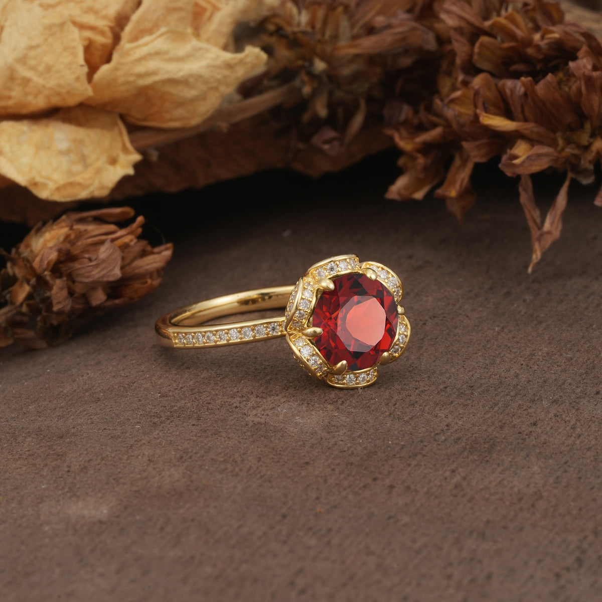 Nature-Inspired, Luxurious Floral Design, 6-Prong Round Cut Garnet Engagement Ring - Additional view