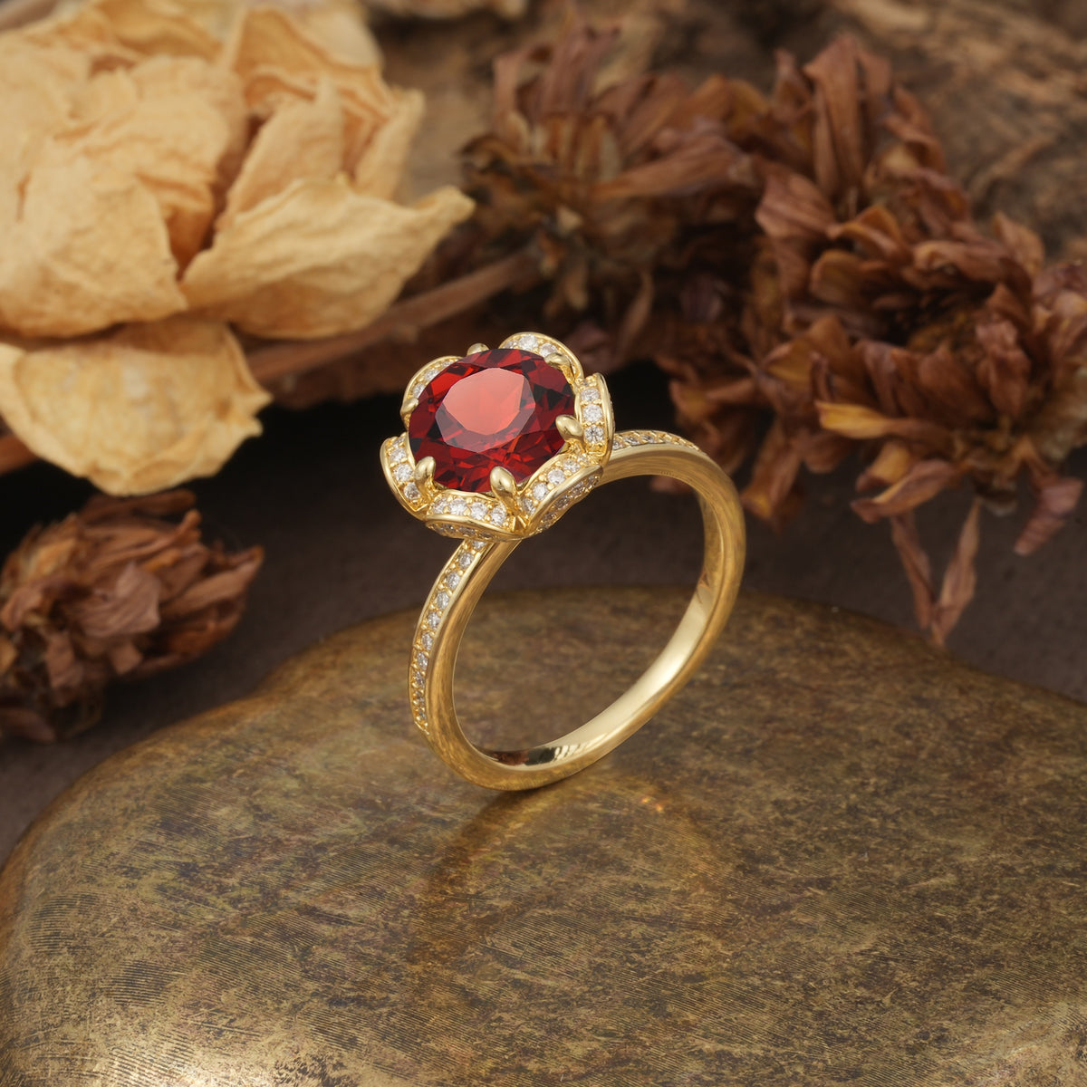 Nature-Inspired, Luxurious Floral Design, 6-Prong Round Cut Garnet Engagement Ring - Additional view