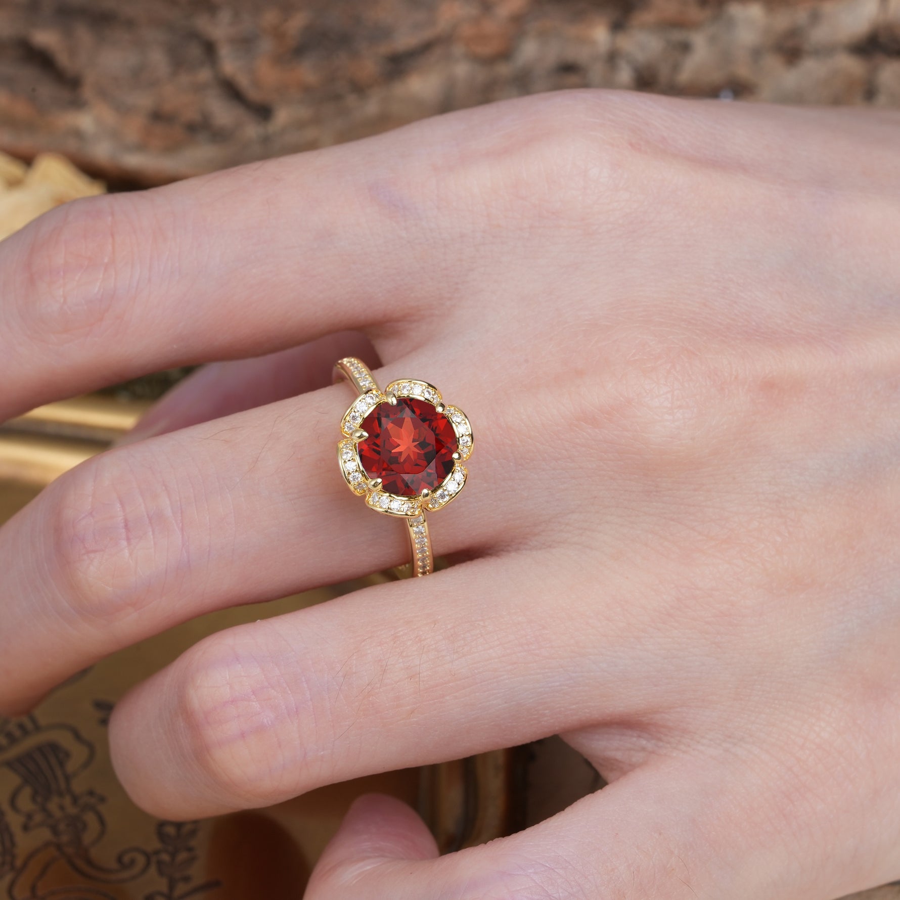 Nature-Inspired, Luxurious Floral Design, 6-Prong Round Cut Garnet Engagement Ring - Additional view