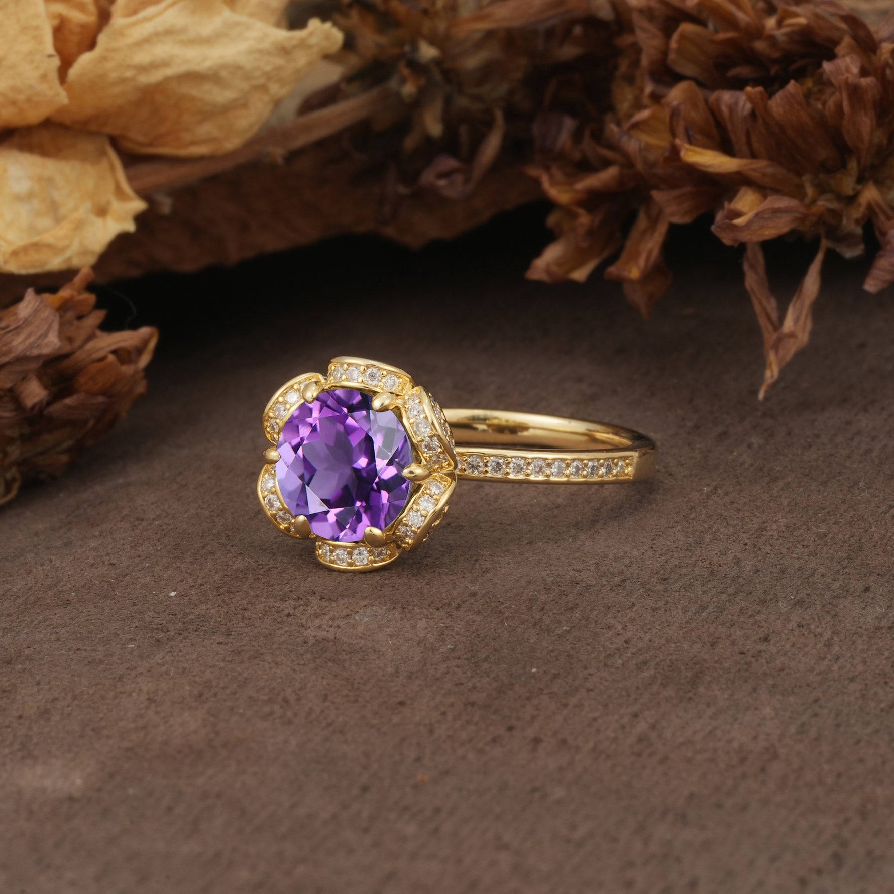 Nature-Inspired, Luxurious Floral Design, 6-Prong Round Cut Amethyst Engagement Ring - Additional view