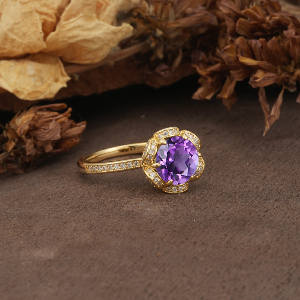 Nature-Inspired, Luxurious Floral Design, 6-Prong Round Cut Amethyst Engagement Ring - Additional view