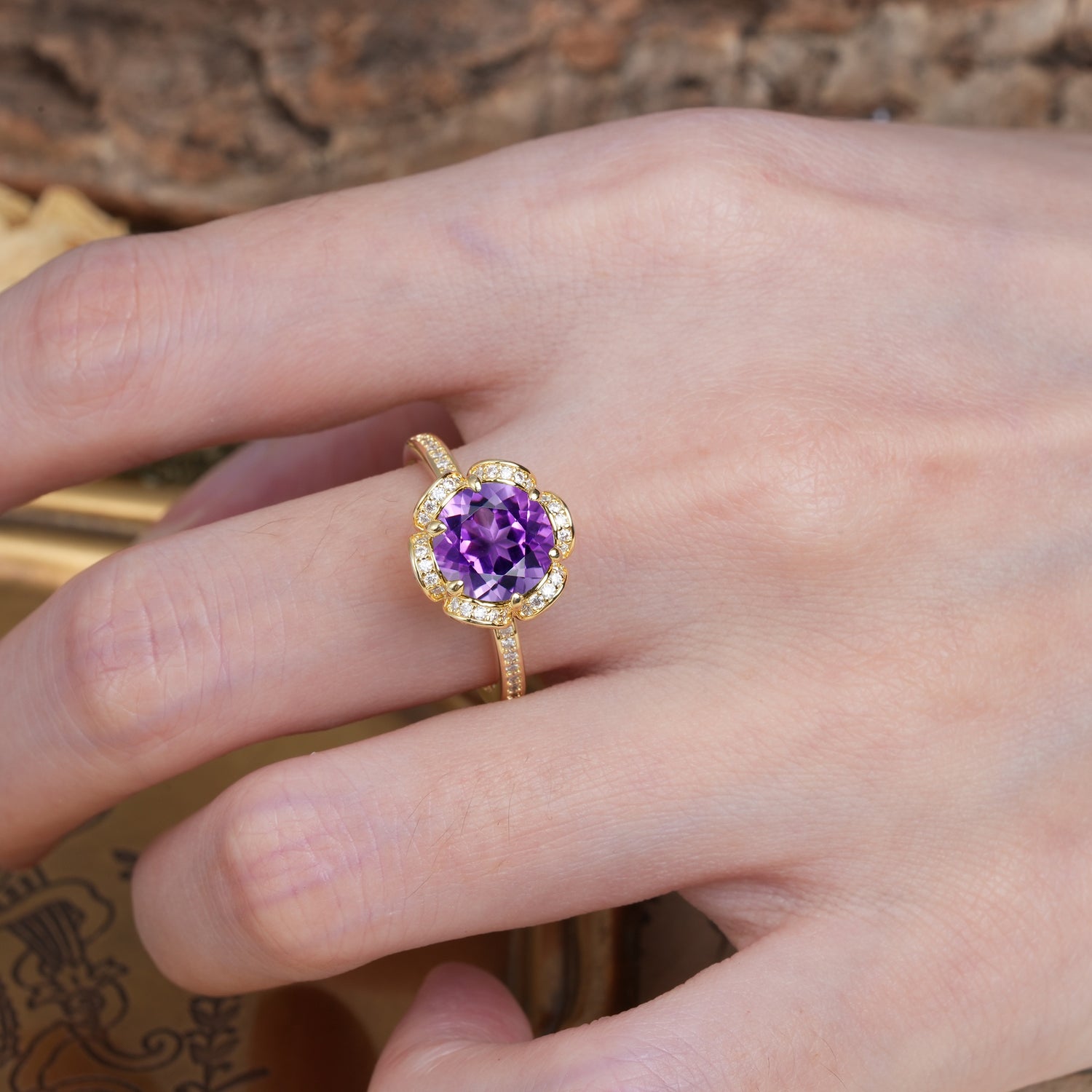Nature-Inspired, Luxurious Floral Design, 6-Prong Round Cut Amethyst Engagement Ring - Additional view