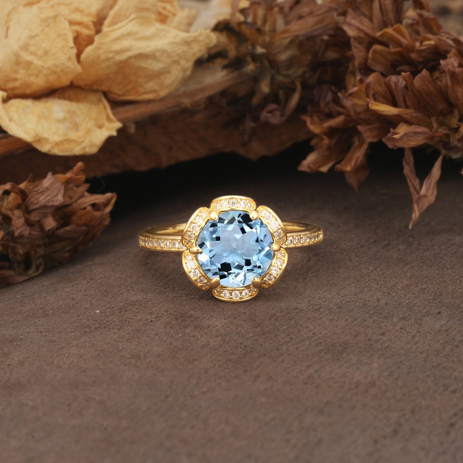 Nature-Inspired, Luxurious Floral Design, 6-Prong Round Cut Aquamarine Engagement Ring