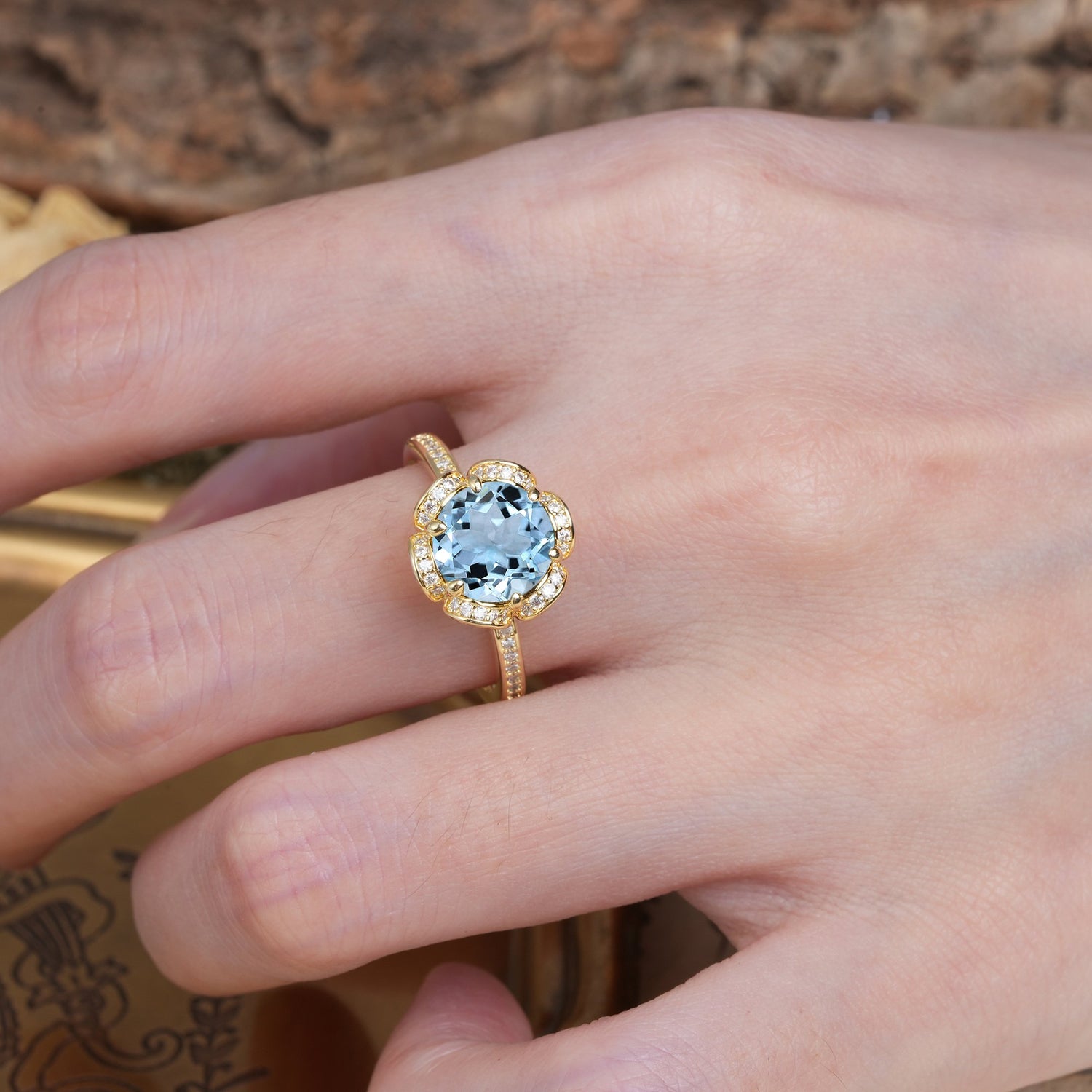 Nature-Inspired, Luxurious Floral Design, 6-Prong Round Cut Aquamarine Engagement Ring
