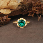 Nature-Inspired, Luxurious Floral Design, 6-Prong Round Cut Emerald Engagement Ring - Additional view
