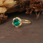 Nature-Inspired, Luxurious Floral Design, 6-Prong Round Cut Emerald Engagement Ring - Additional view