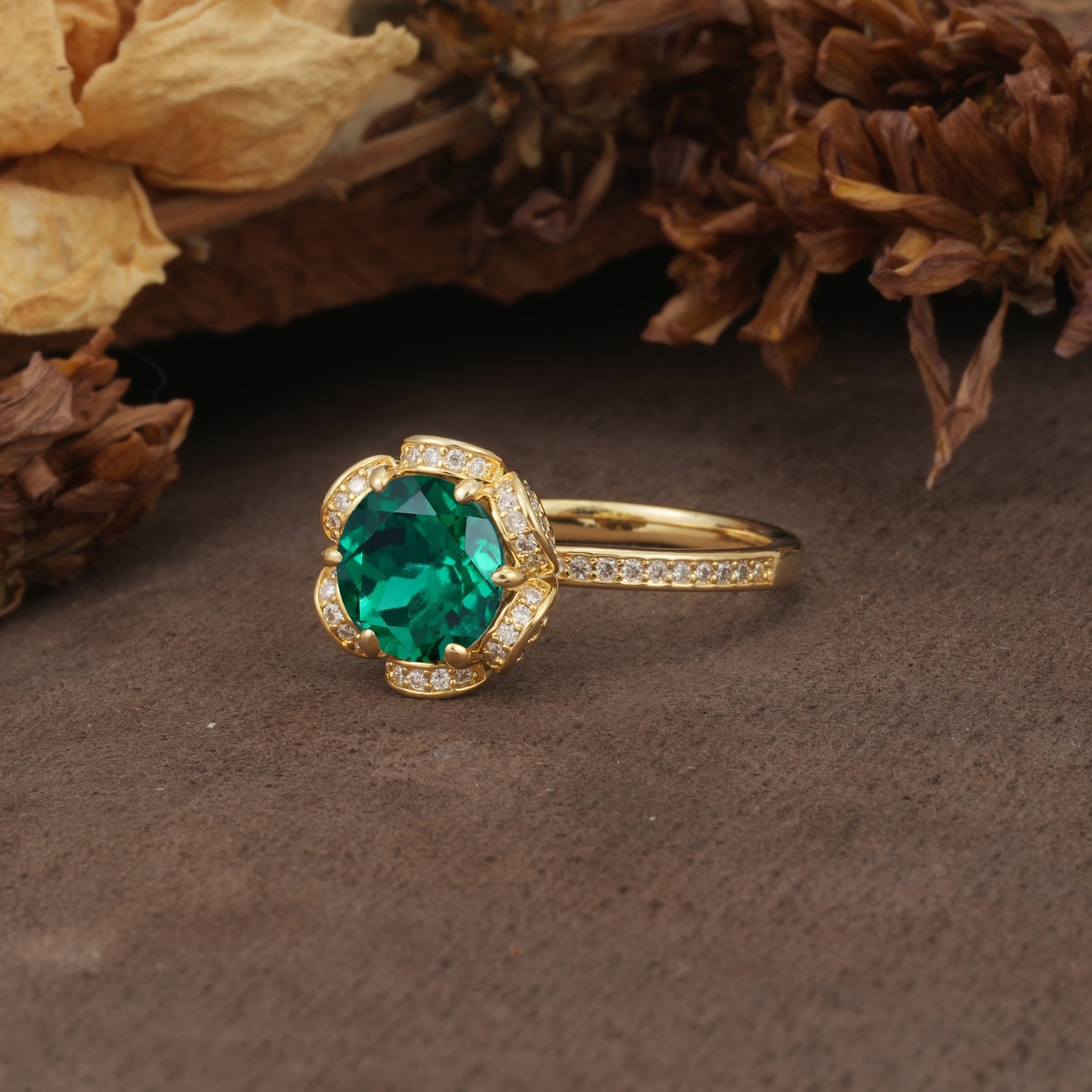 Nature-Inspired, Luxurious Floral Design, 6-Prong Round Cut Emerald Engagement Ring - Additional view