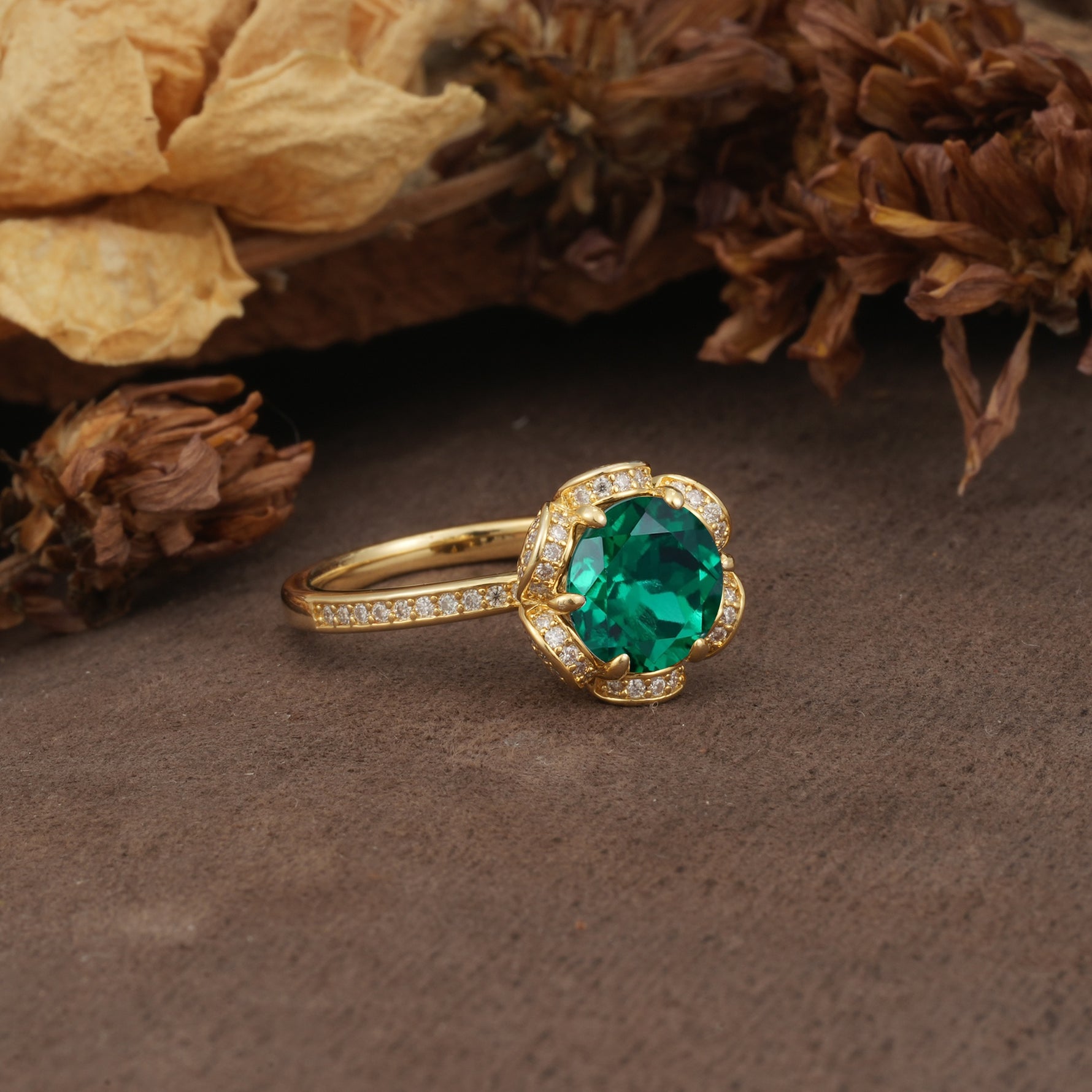 Nature-Inspired, Luxurious Floral Design, 6-Prong Round Cut Emerald Engagement Ring - Additional view