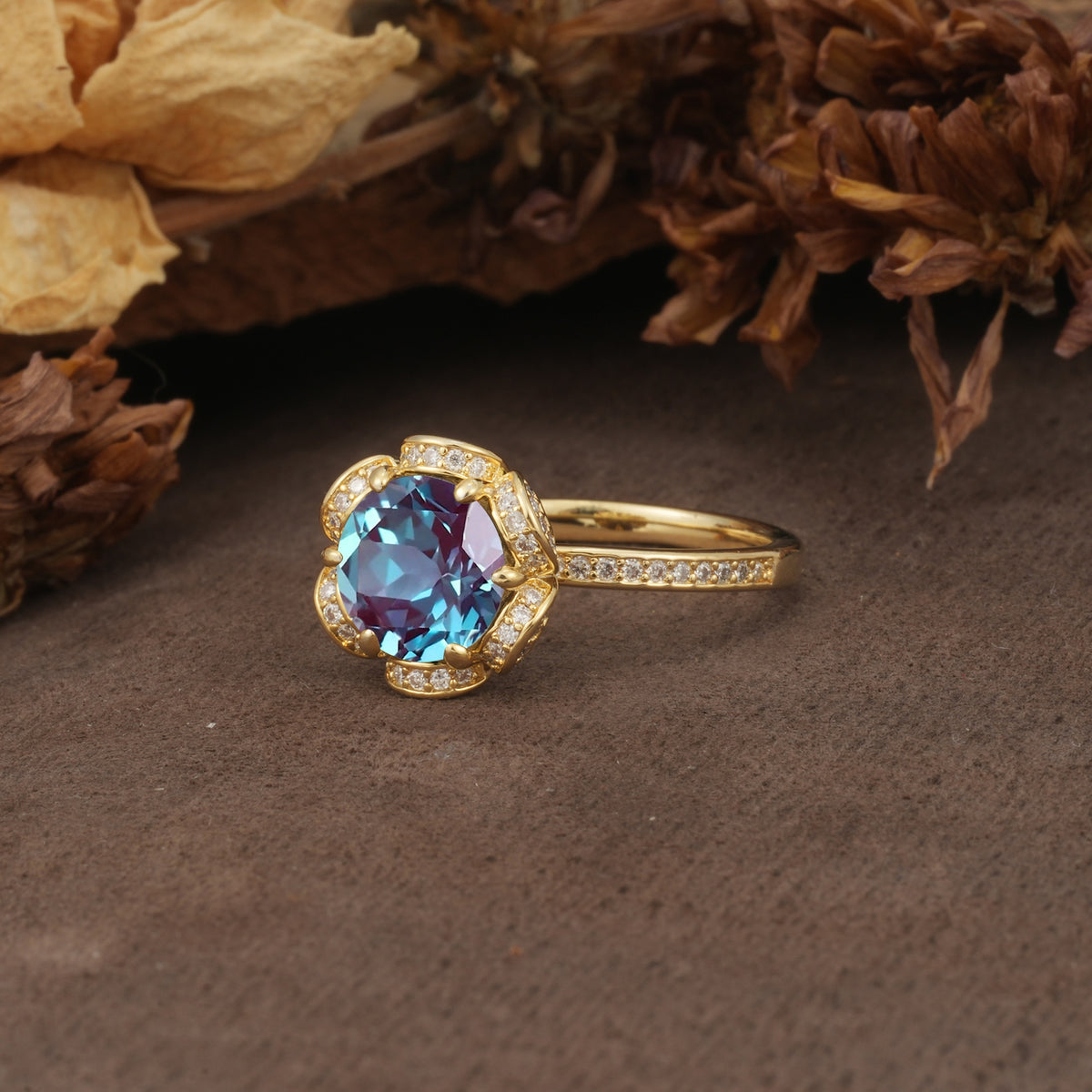 Nature-Inspired, Luxurious Floral Design, 6-Prong Round Cut Alexandrite Engagement Ring - Additional view