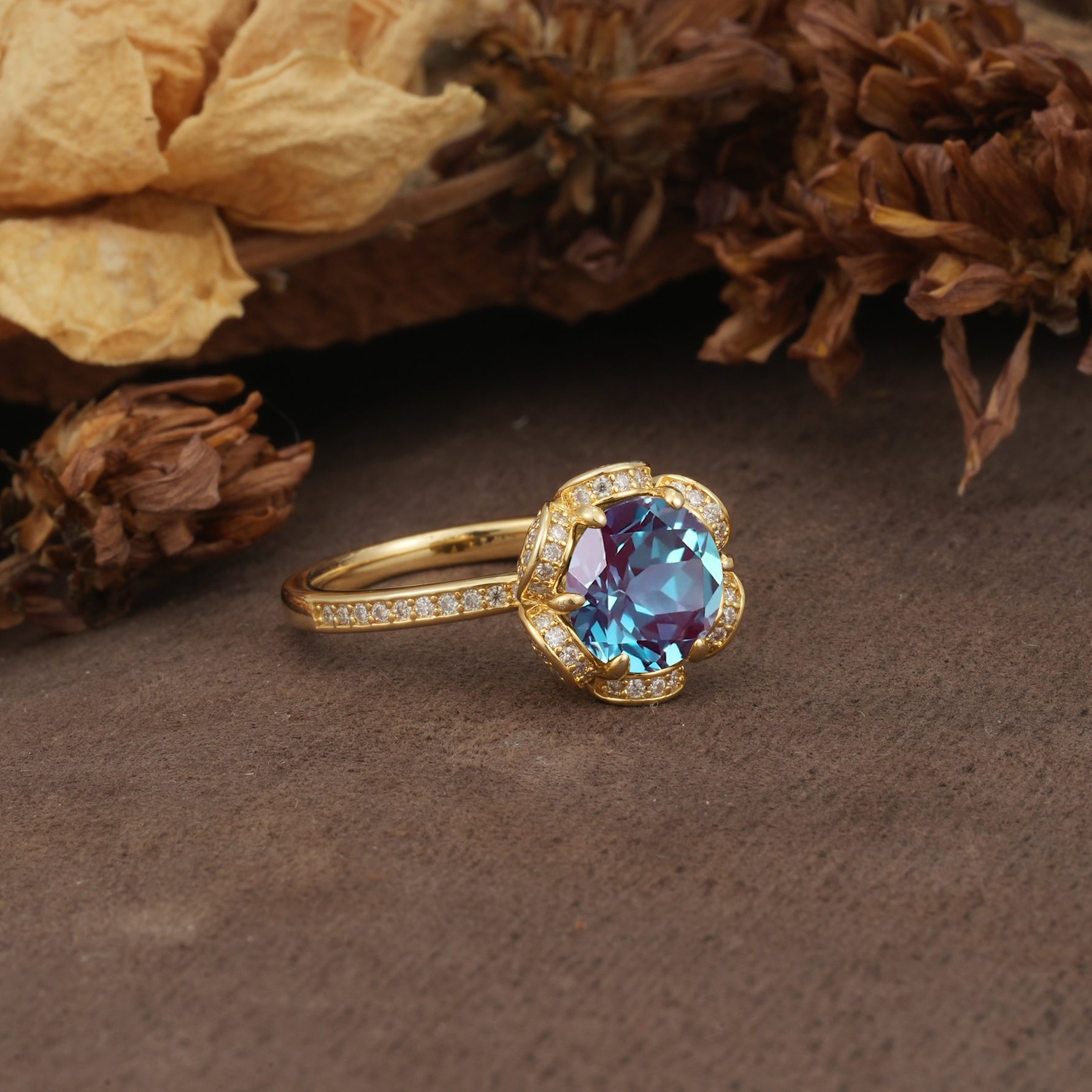 Nature-Inspired, Luxurious Floral Design, 6-Prong Round Cut Alexandrite Engagement Ring - Additional view