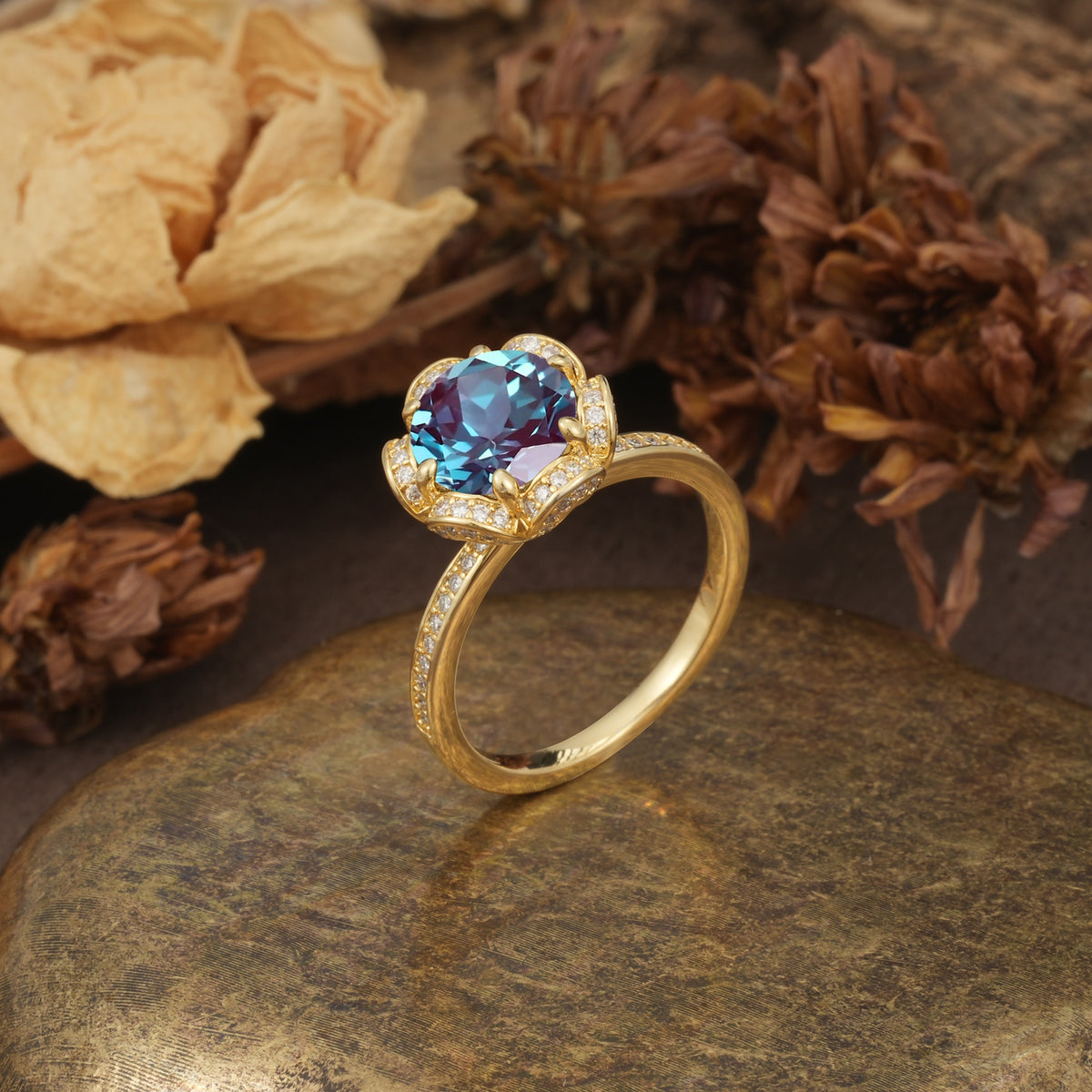 Nature-Inspired, Luxurious Floral Design, 6-Prong Round Cut Alexandrite Engagement Ring - Additional view