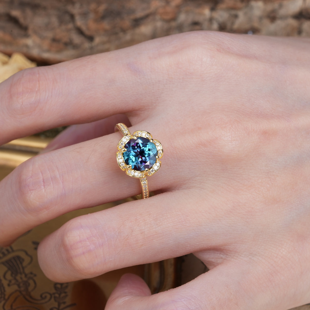 Nature-Inspired, Luxurious Floral Design, 6-Prong Round Cut Alexandrite Engagement Ring - Additional view