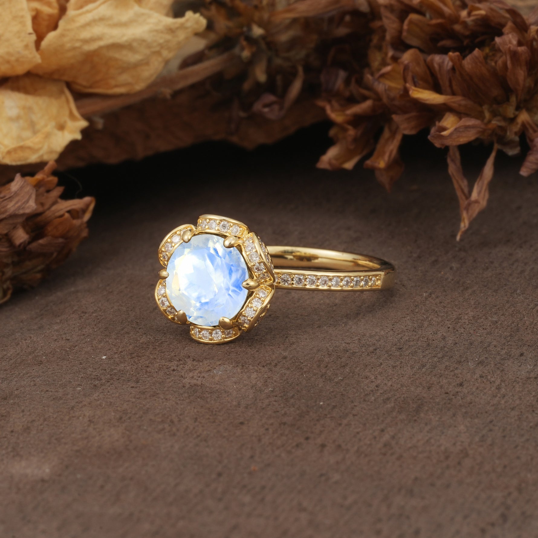 Nature-Inspired, Luxurious Floral Design, 6-Prong Round Cut Moonstone Engagement Ring - Additional view