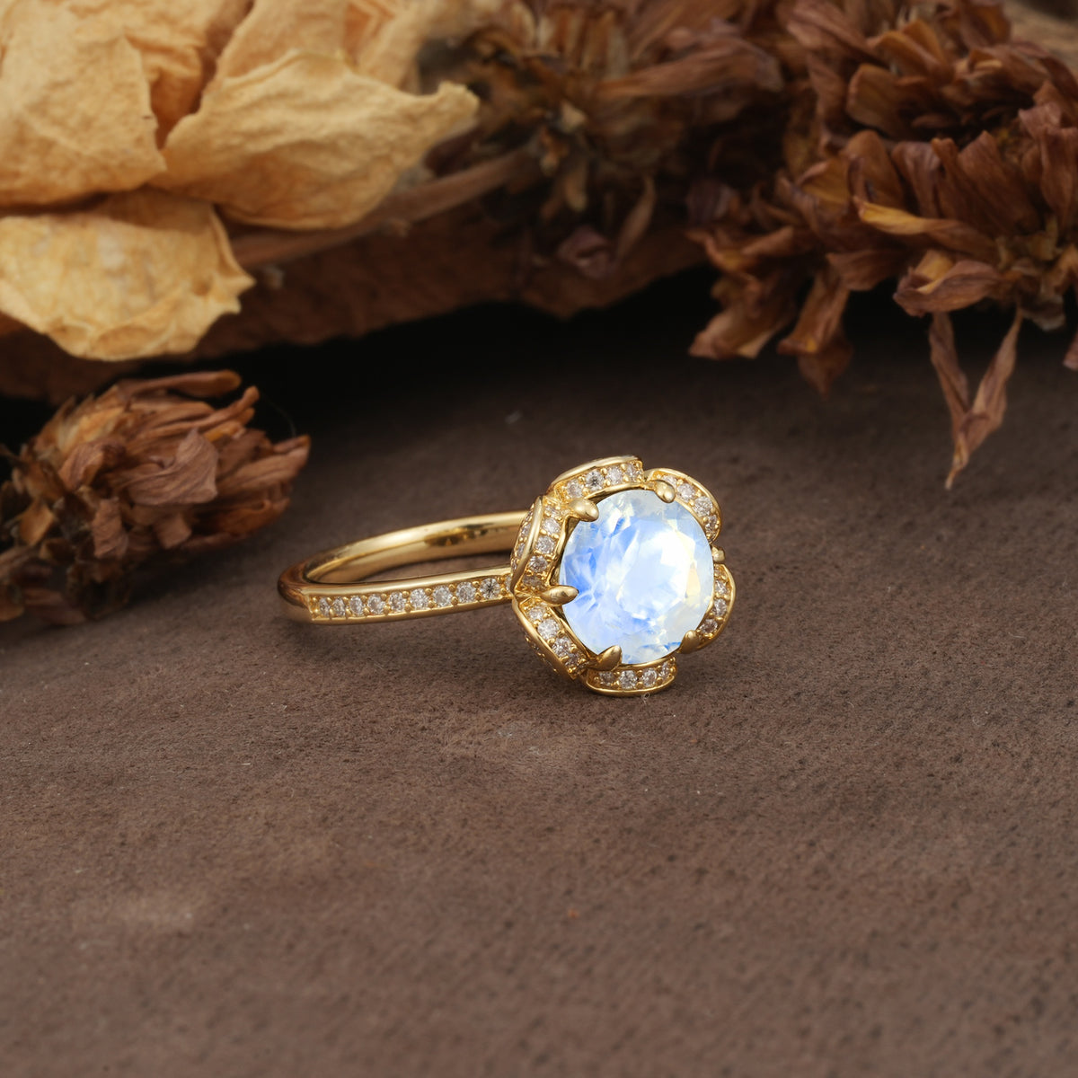 Nature-Inspired, Luxurious Floral Design, 6-Prong Round Cut Moonstone Engagement Ring - Additional view
