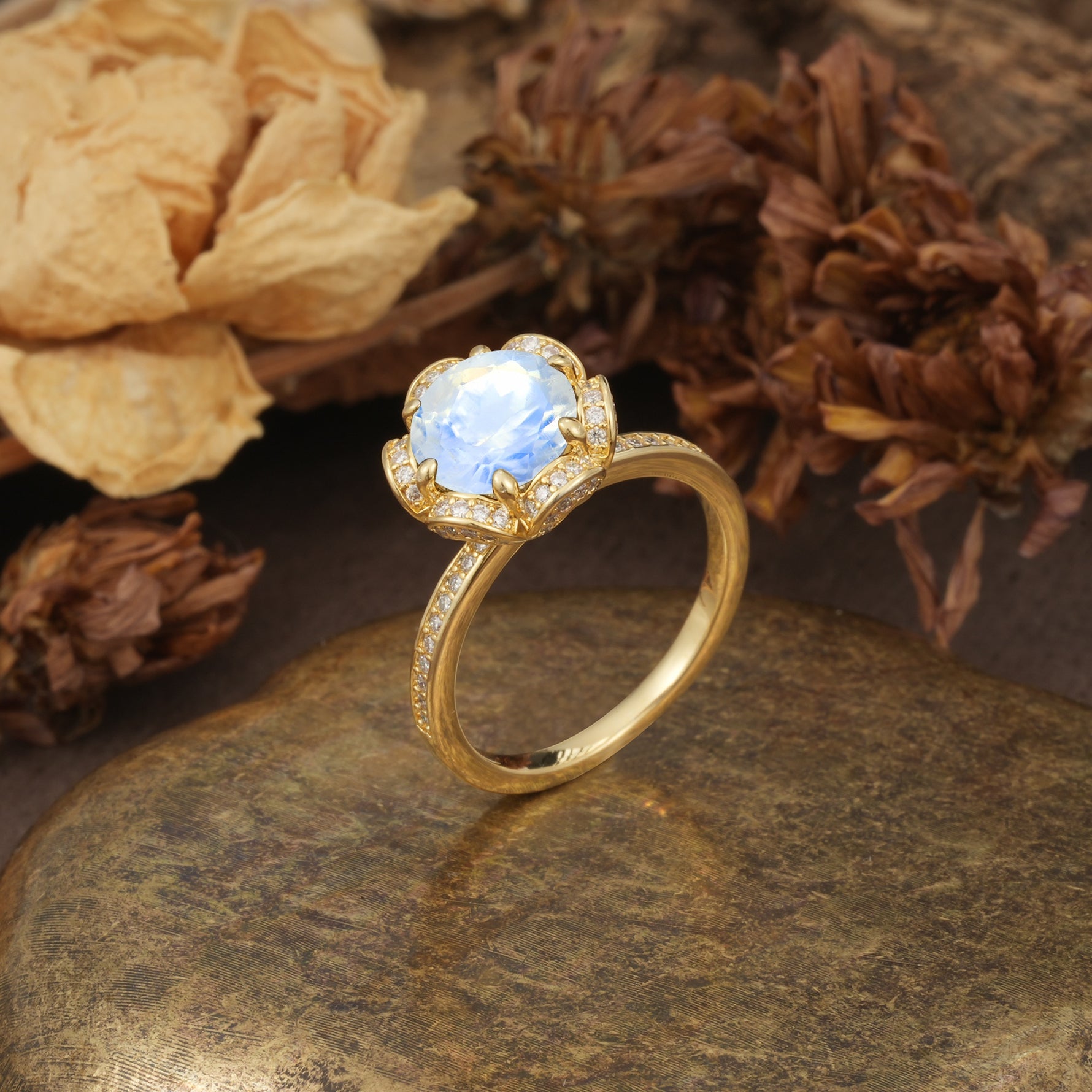 Nature-Inspired, Luxurious Floral Design, 6-Prong Round Cut Moonstone Engagement Ring - Additional view
