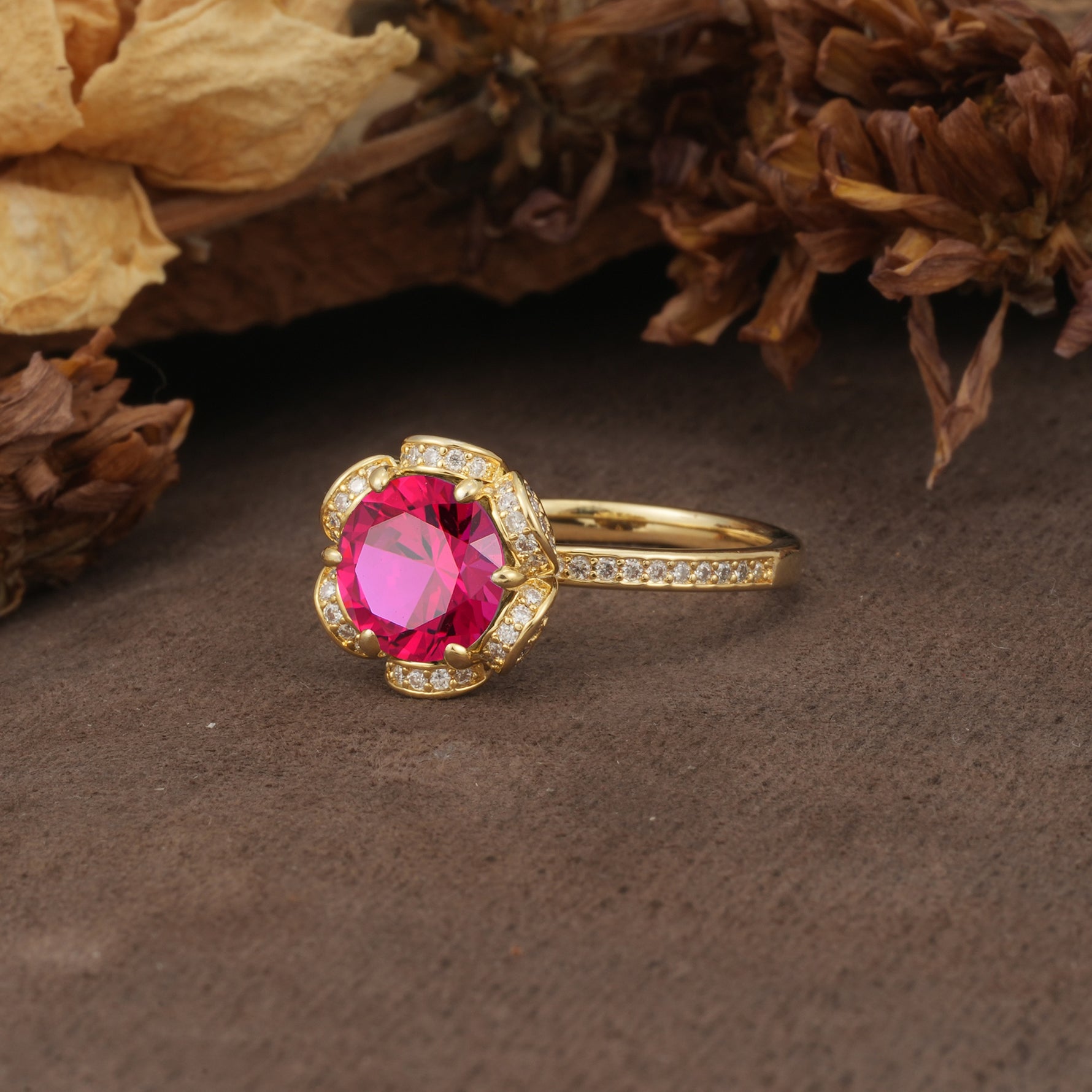 Nature-Inspired, Luxurious Floral Design, 6-Prong Round Cut Ruby Engagement Ring - Additional view