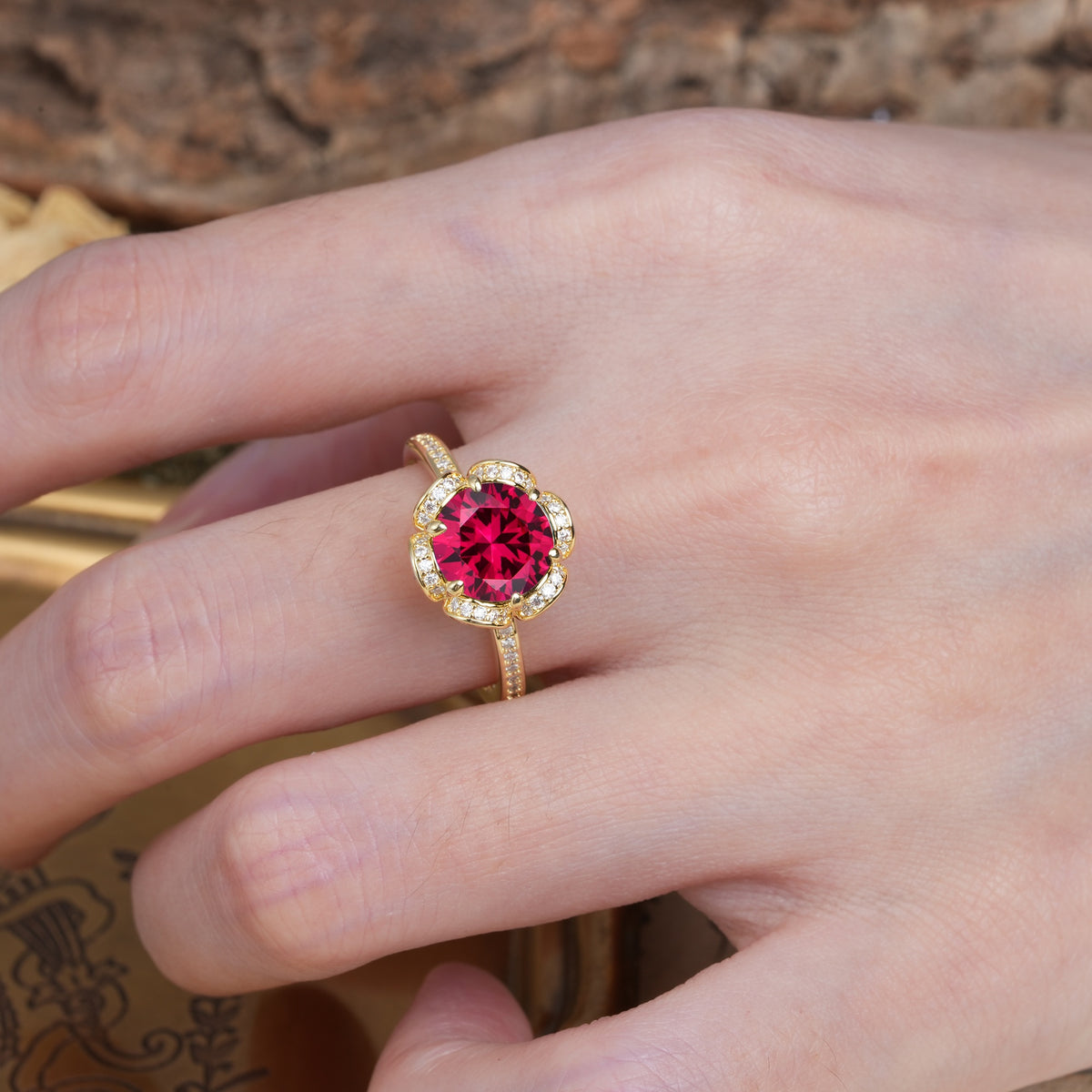 Nature-Inspired, Luxurious Floral Design, 6-Prong Round Cut Ruby Engagement Ring - Additional view