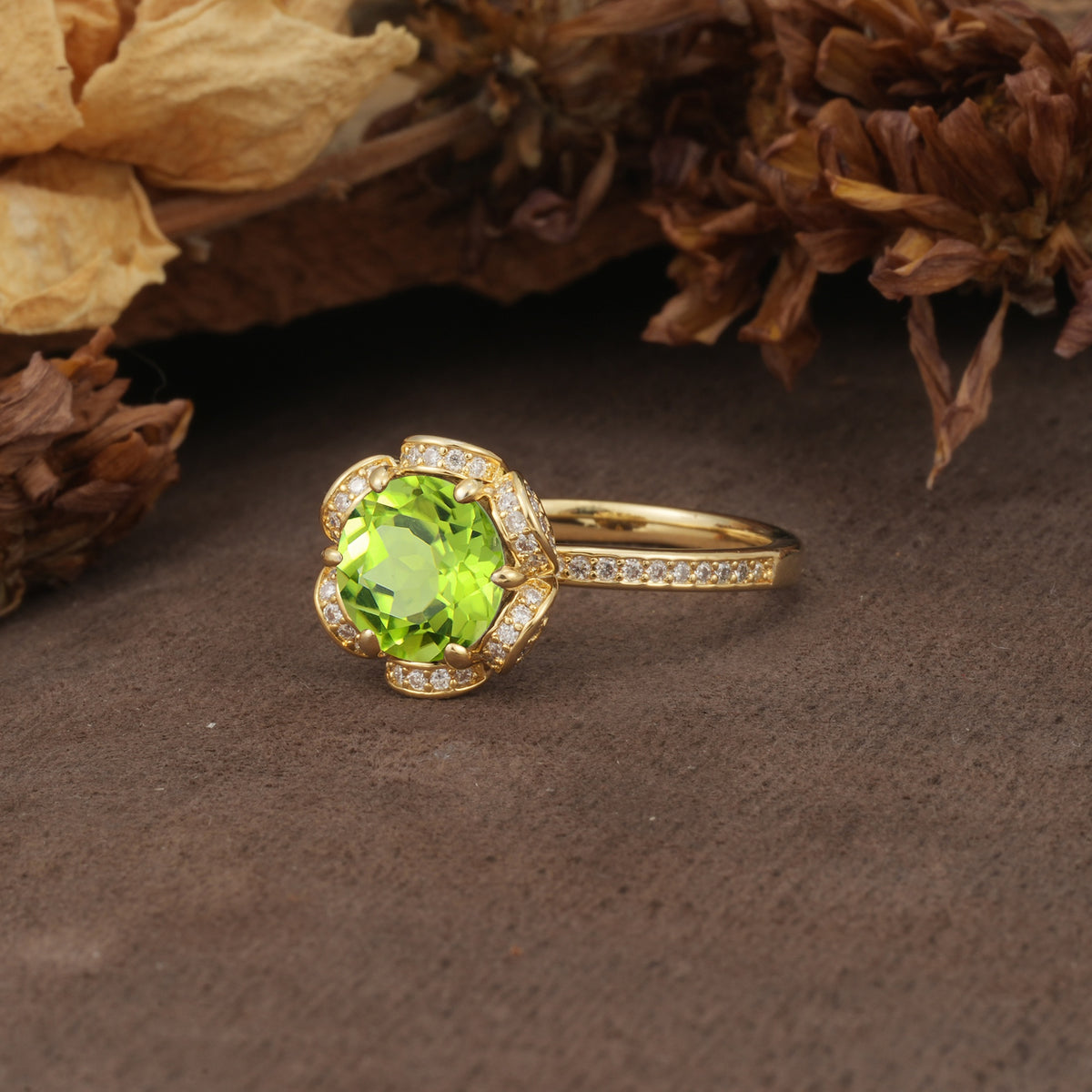 Nature-Inspired, Luxurious Floral Design, 6-Prong Round Cut Peridot Engagement Ring - Additional view