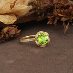 Nature-Inspired, Luxurious Floral Design, 6-Prong Round Cut Peridot Engagement Ring - Additional view