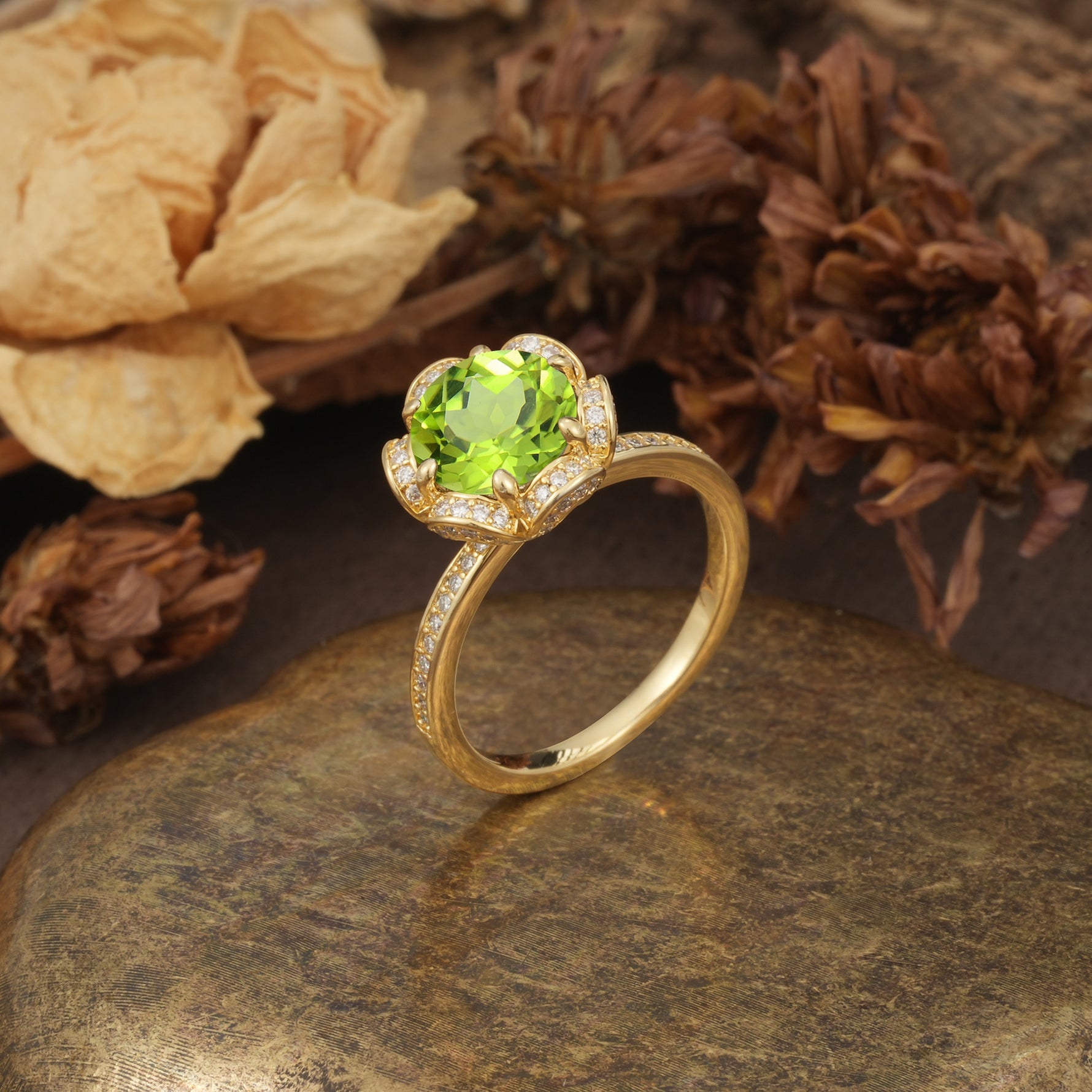 Nature-Inspired, Luxurious Floral Design, 6-Prong Round Cut Peridot Engagement Ring - Additional view