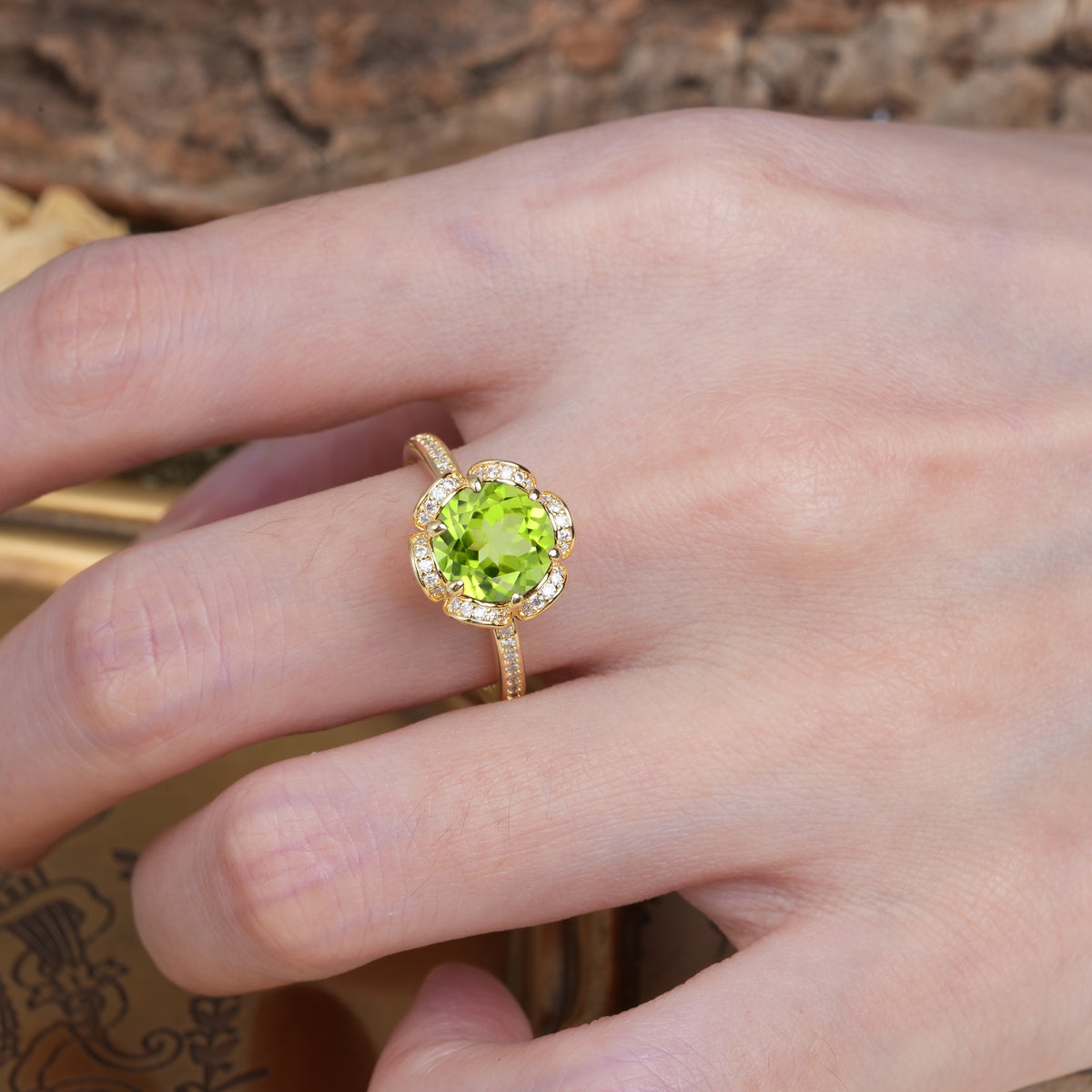 Nature-Inspired, Luxurious Floral Design, 6-Prong Round Cut Peridot Engagement Ring - Additional view