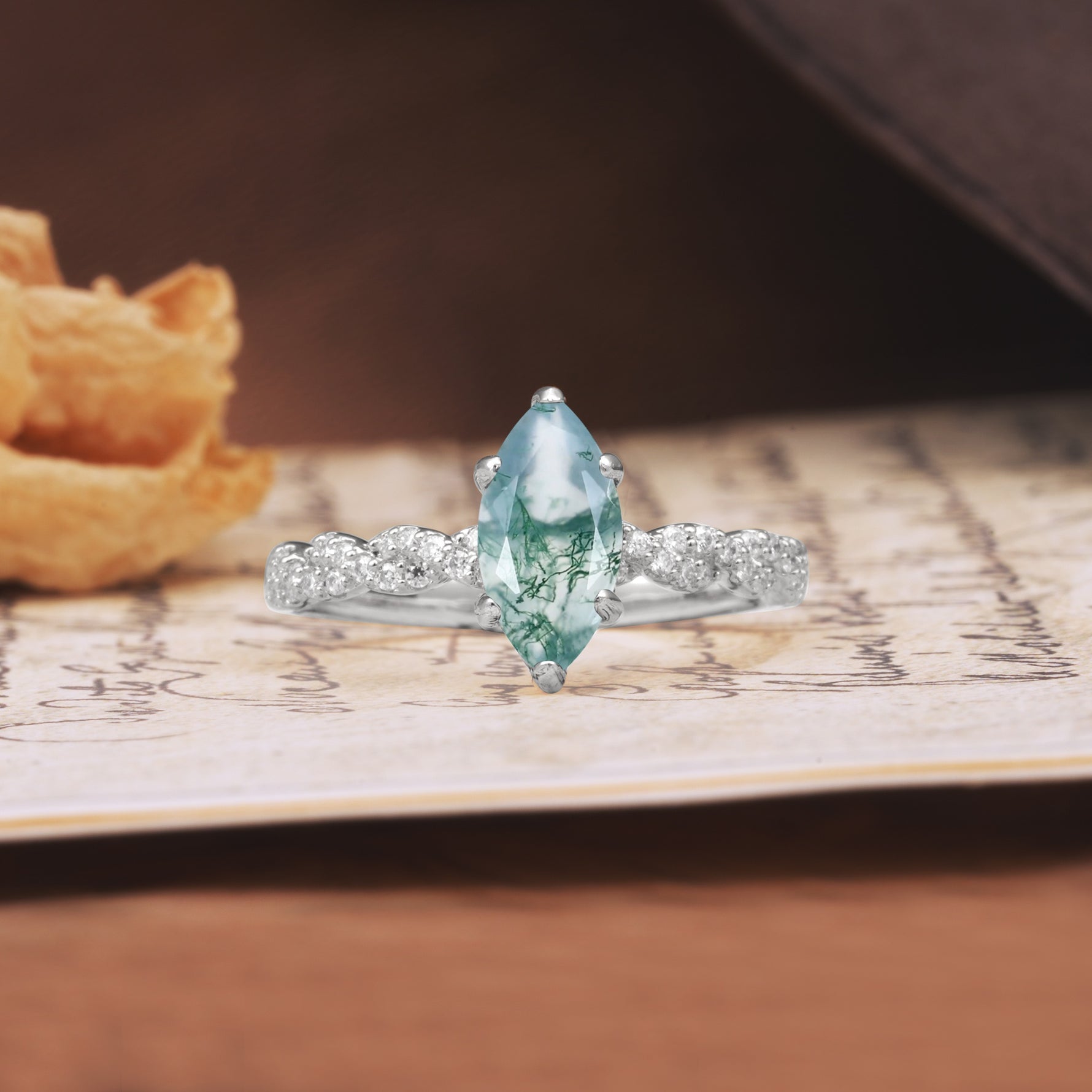 Classic Simple 8-Prong Princess Cut Moss Agate Engagement Ring - Additional view