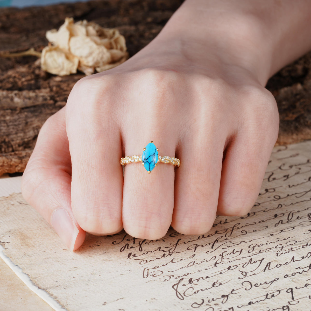 Classic Simple 8-Prong Princess Cut Turquoise Engagement Ring - Additional view