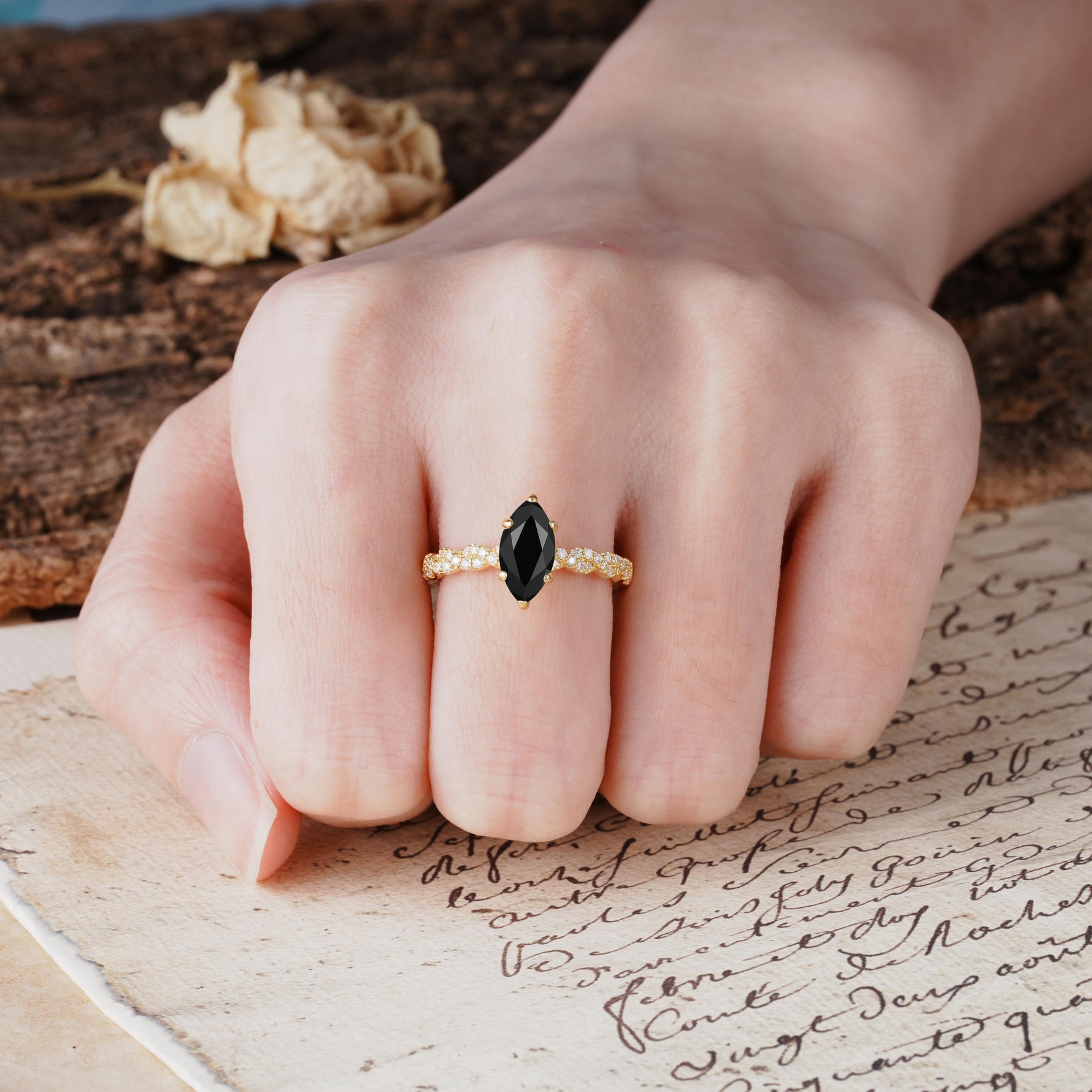 Classic Simple 8-Prong Princess Cut Black Onyx Engagement Ring - Additional view