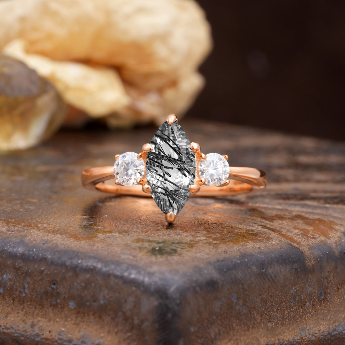 Unique Wrapped 6-Prong Marquise Cut Black Rutilated Quartz Engagement Ring - Additional view