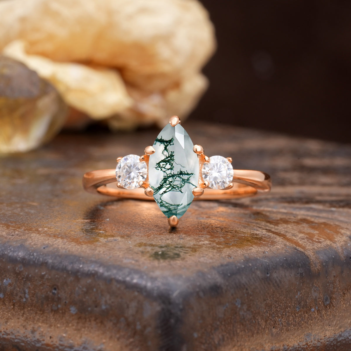 Unique Wrapped 6-Prong Marquise Cut Moss Agate Engagement Ring - Additional view