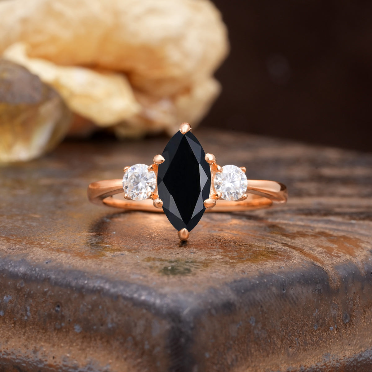 Unique Wrapped 6-Prong Marquise Cut Black Onyx Engagement Ring - Additional view
