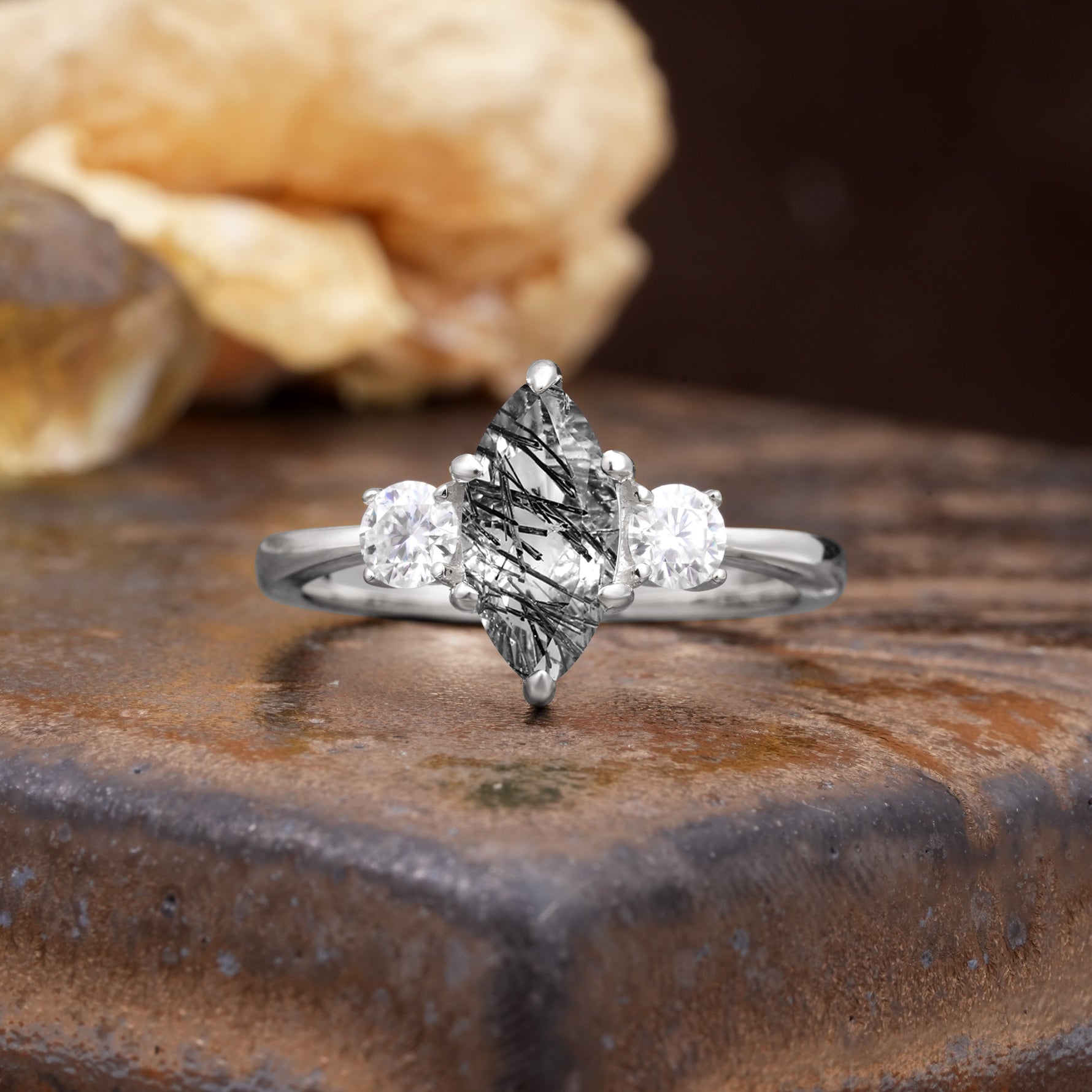 Unique Wrapped 6-Prong Marquise Cut Black Rutilated Quartz Engagement Ring - Additional view