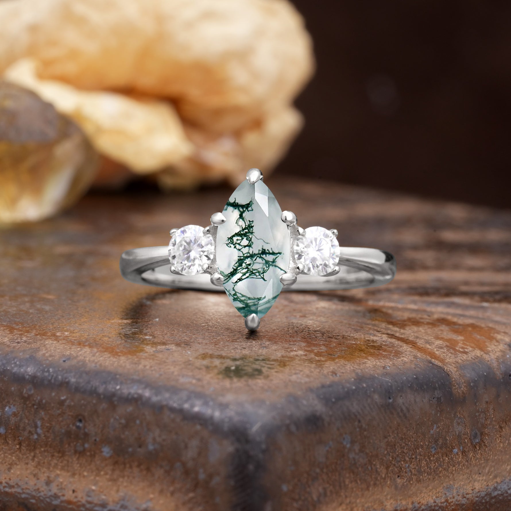 Unique Wrapped 6-Prong Marquise Cut Moss Agate Engagement Ring - Additional view