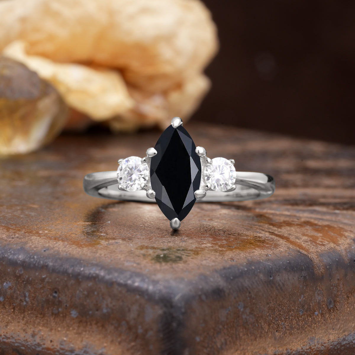 Unique Wrapped 6-Prong Marquise Cut Black Onyx Engagement Ring - Additional view