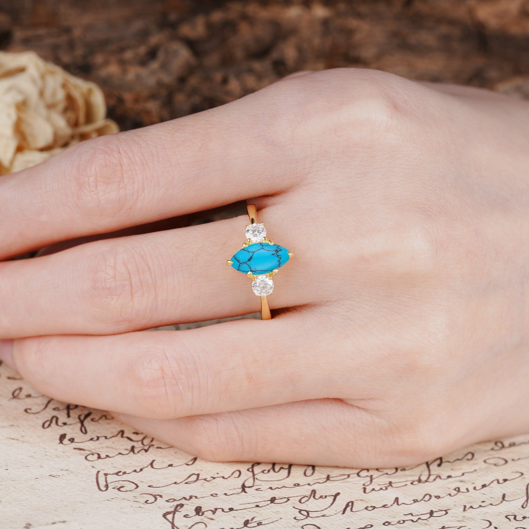 Unique Wrapped 6-Prong Marquise Cut Turquoise Engagement Ring - Additional view