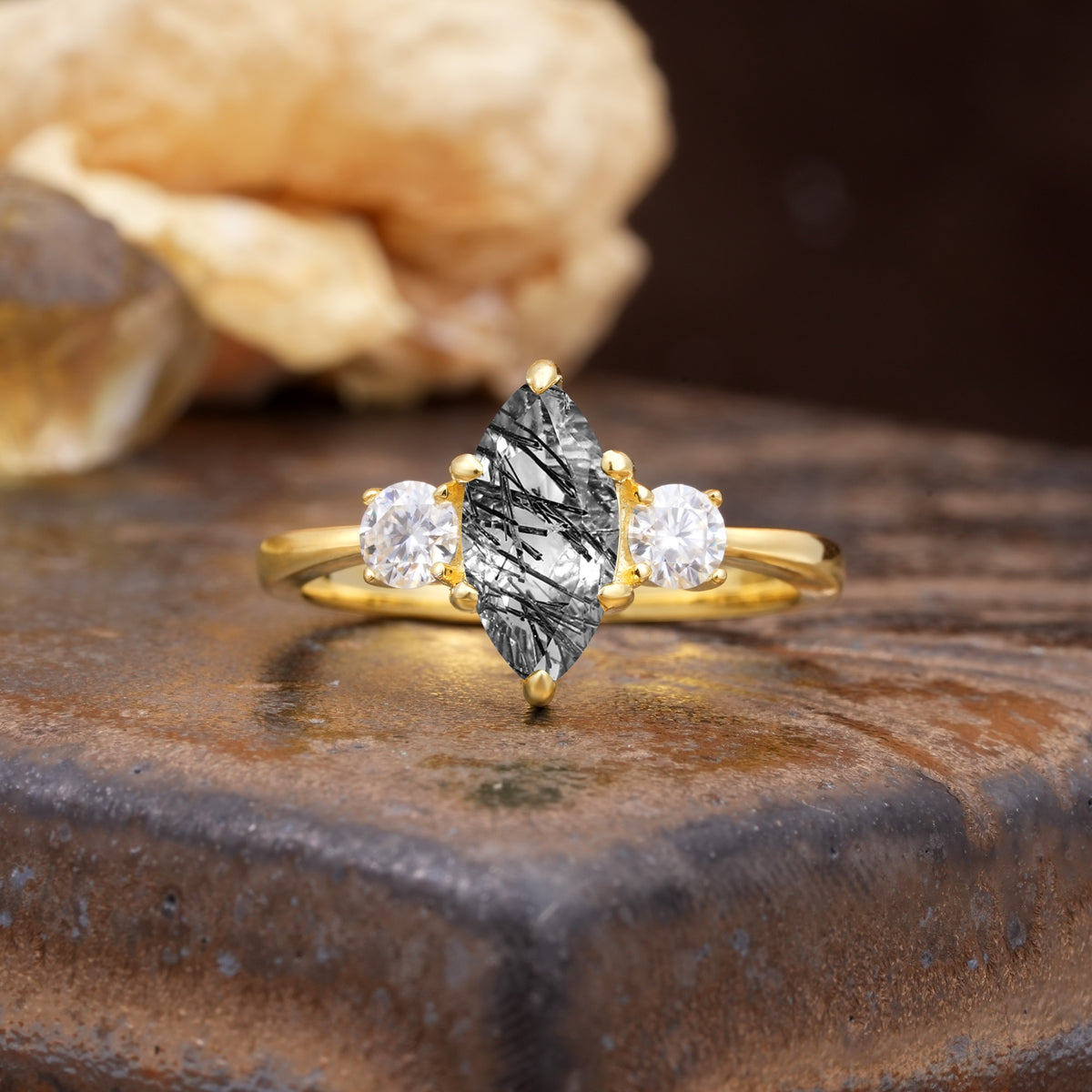 Unique Wrapped 6-Prong Marquise Cut Black Rutilated Quartz Engagement Ring - Additional view