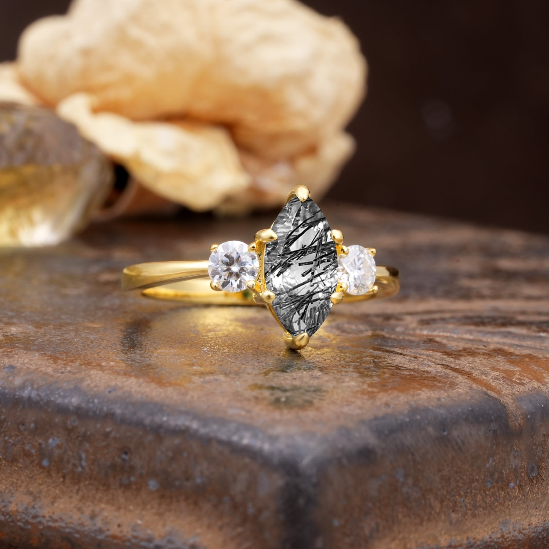 Unique Wrapped 6-Prong Marquise Cut Black Rutilated Quartz Engagement Ring - Additional view