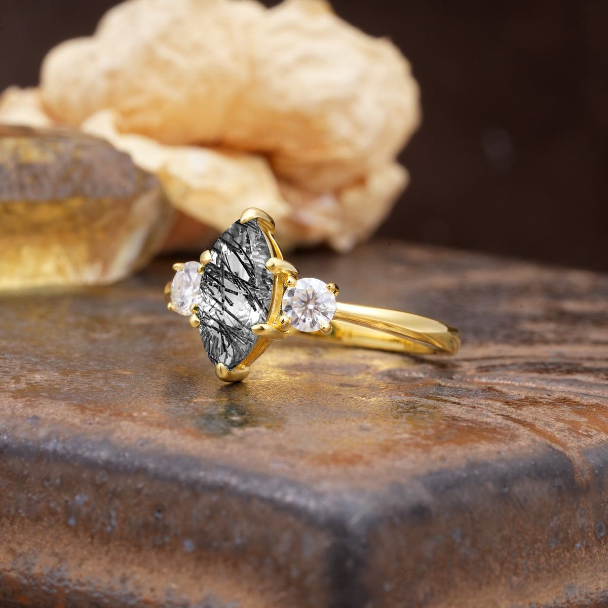 Unique Wrapped 6-Prong Marquise Cut Black Rutilated Quartz Engagement Ring - Additional view