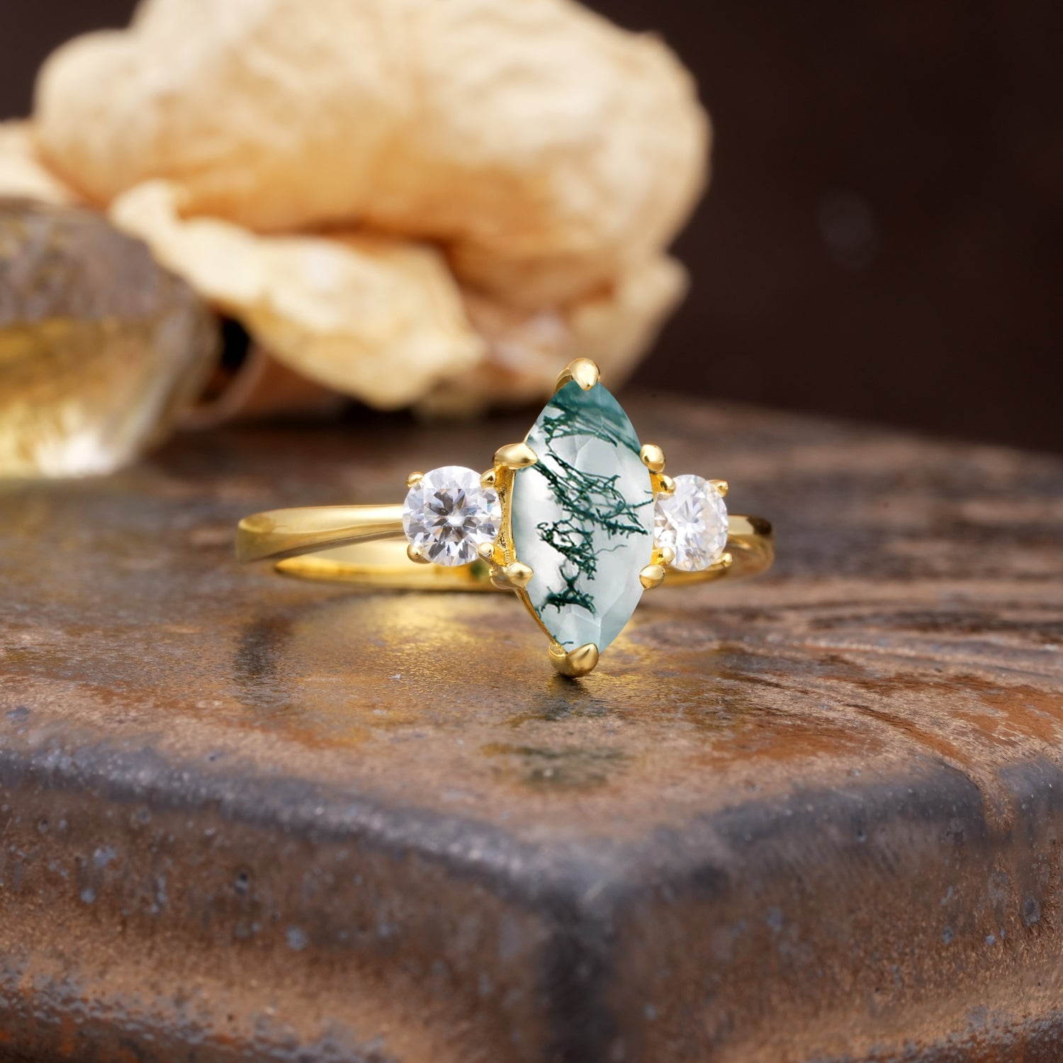Unique Wrapped 6-Prong Marquise Cut Moss Agate Engagement Ring - Additional view