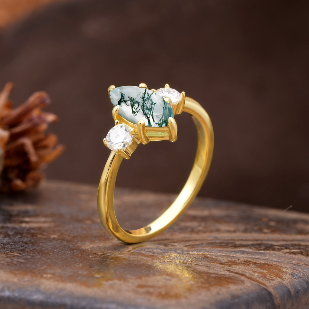 Unique Wrapped 6-Prong Marquise Cut Moss Agate Engagement Ring - Additional view