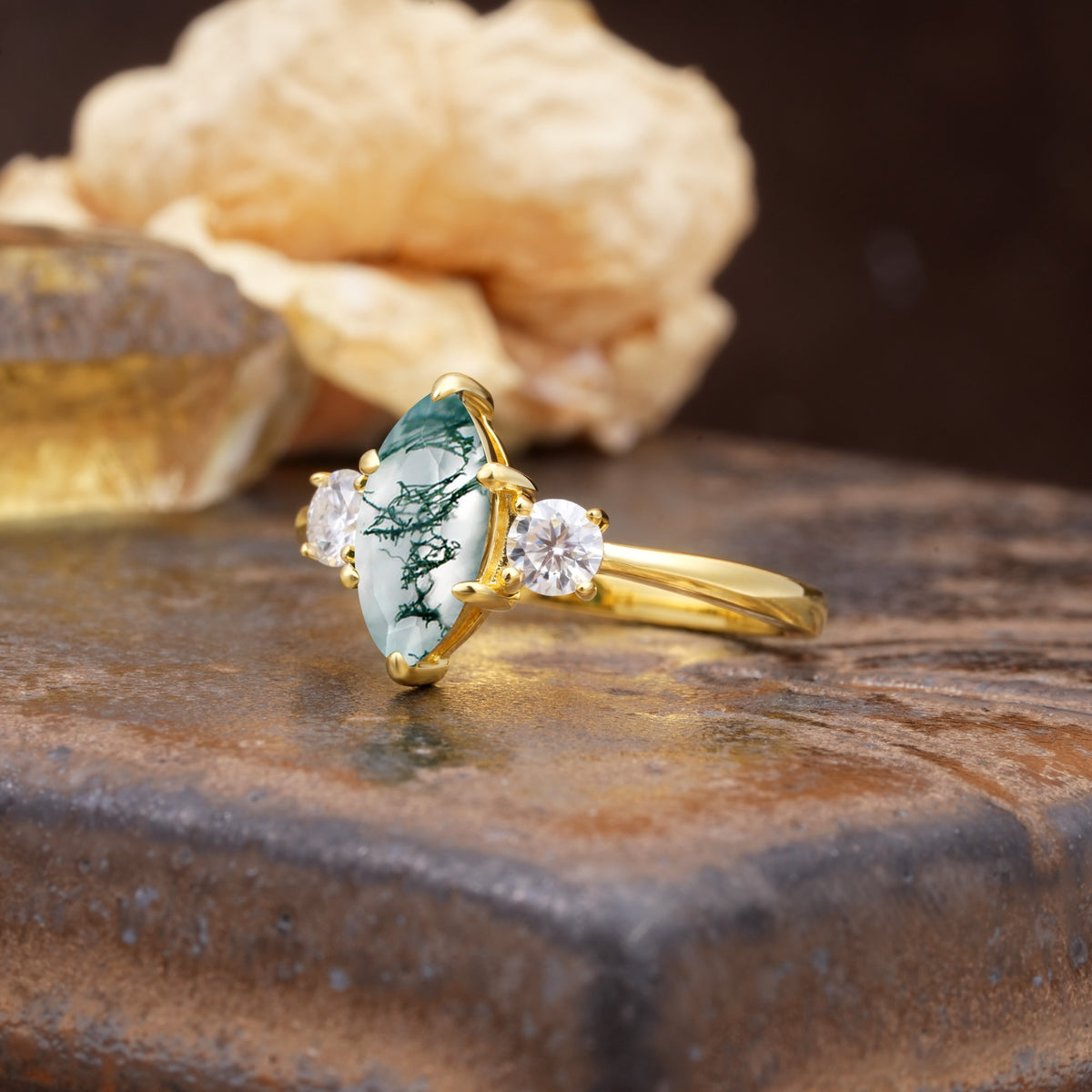Unique Wrapped 6-Prong Marquise Cut Moss Agate Engagement Ring - Additional view
