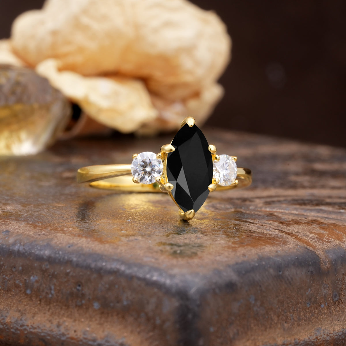 Unique Wrapped 6-Prong Marquise Cut Black Onyx Engagement Ring - Additional view