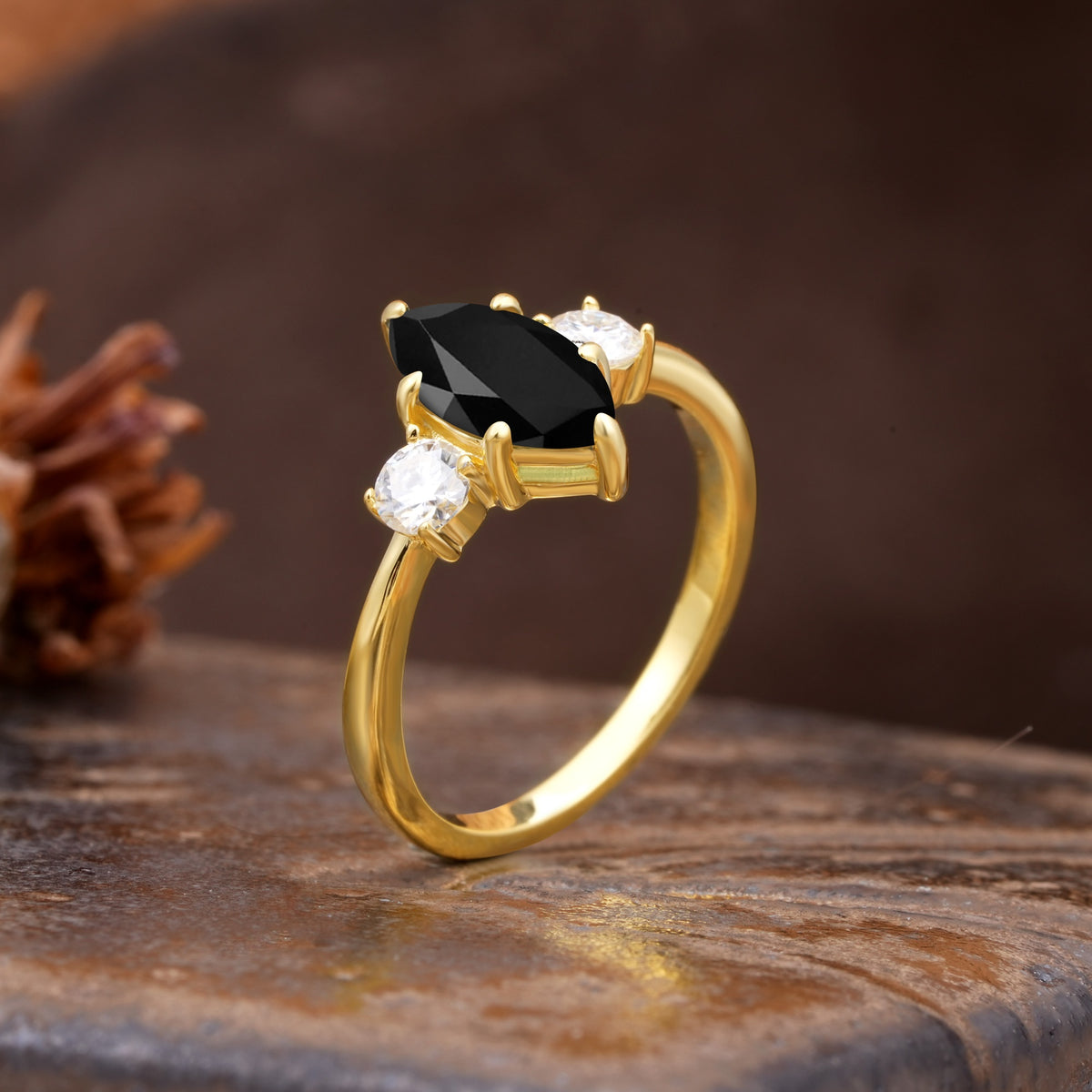 Unique Wrapped 6-Prong Marquise Cut Black Onyx Engagement Ring - Additional view