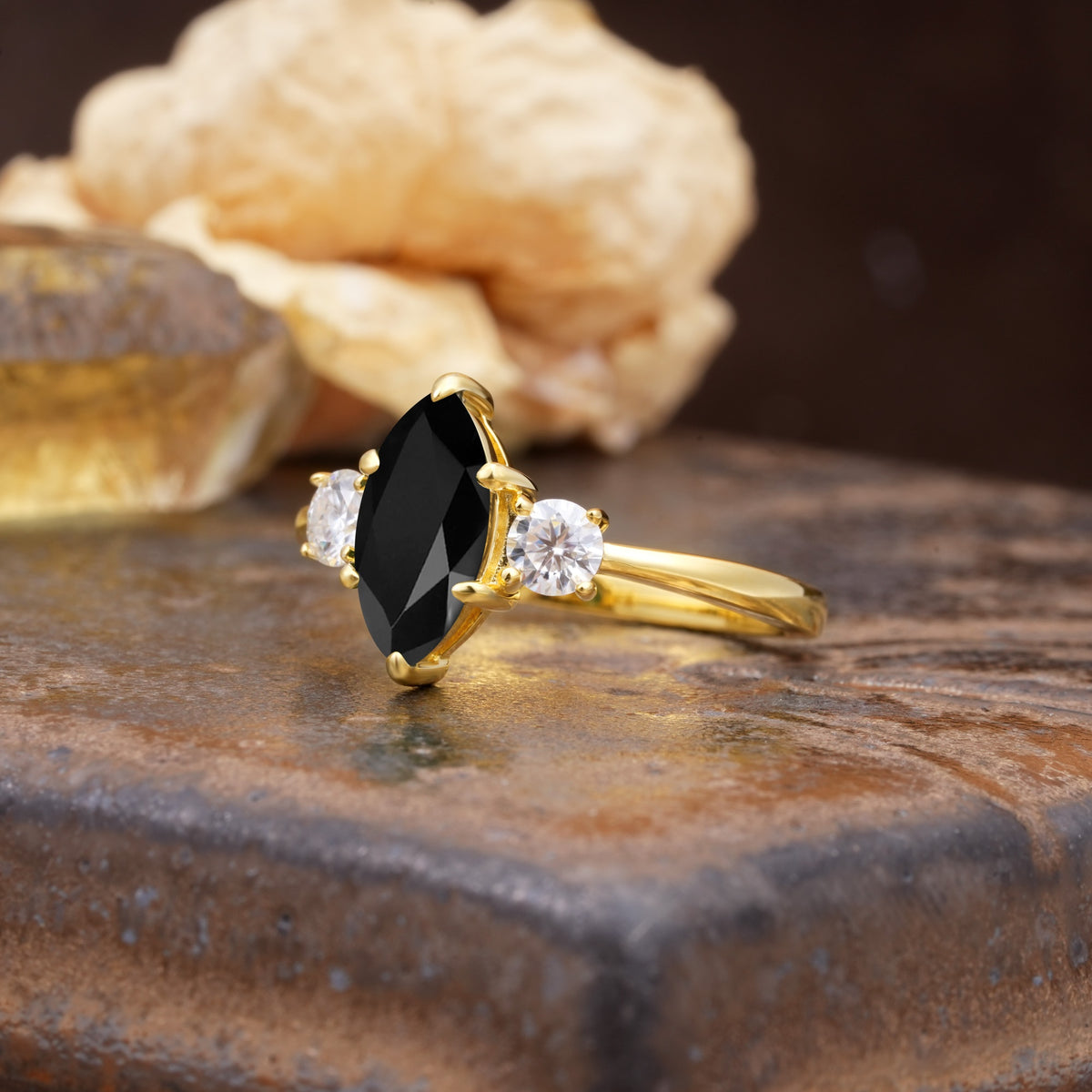 Unique Wrapped 6-Prong Marquise Cut Black Onyx Engagement Ring - Additional view
